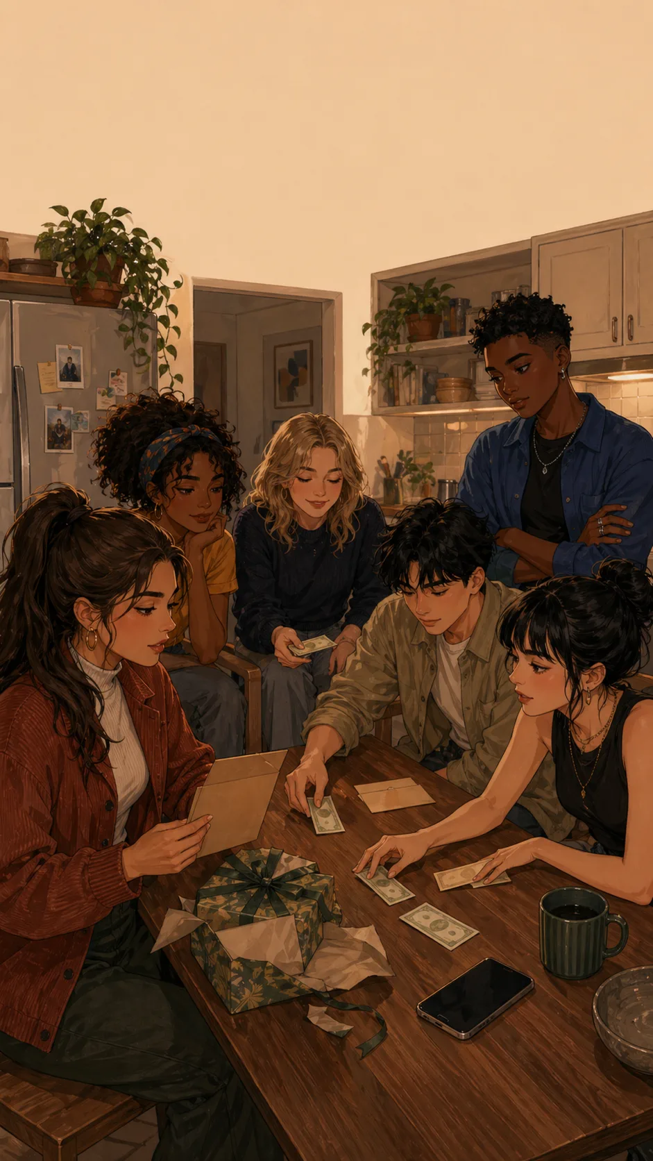 Mia, Jamie, and four friends stand around a generic apartment coffee table with the group visibly split into three opinions.