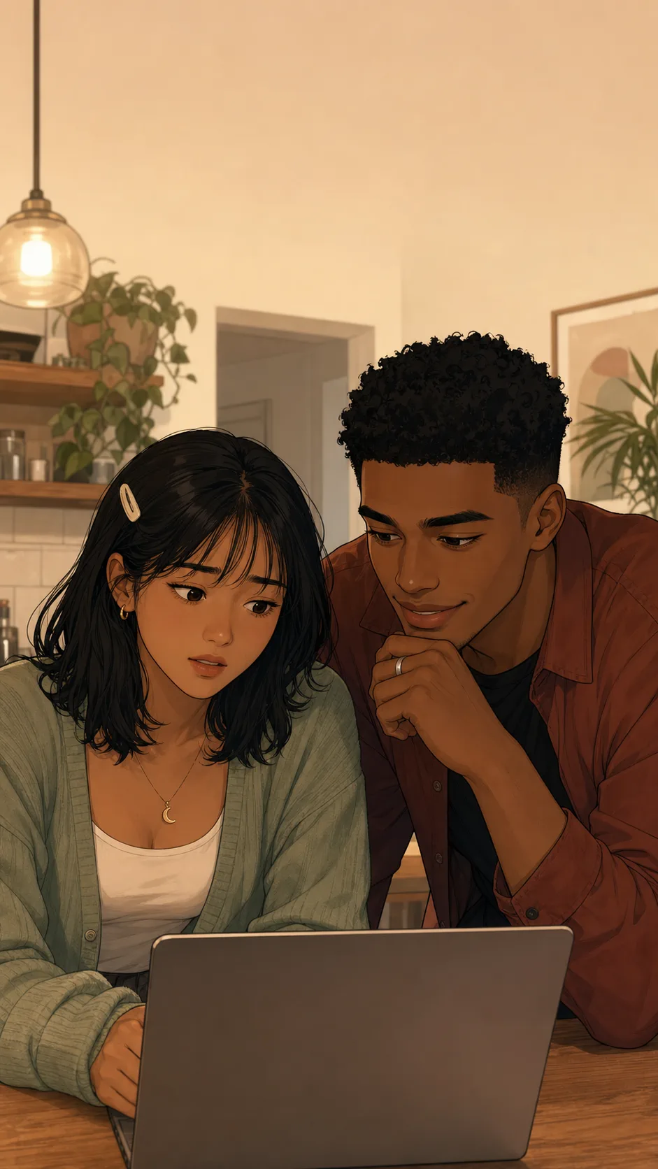 Theo reads over Mina's shoulder while the laptop screen faces away from the viewer.