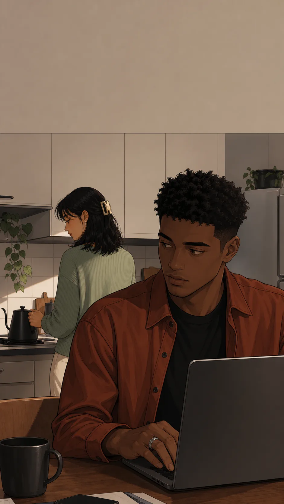 Mina makes tea while Theo sits near her open laptop with the screen angled away.