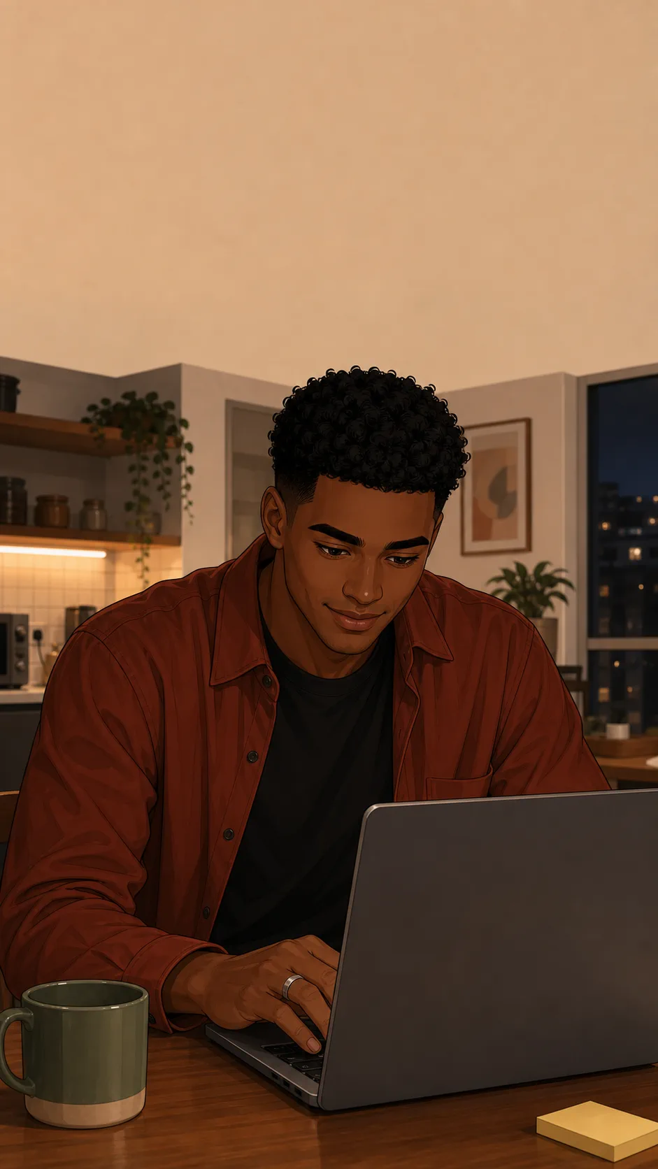 Theo types on Mina's laptop with a focused expression while the screen remains hidden.