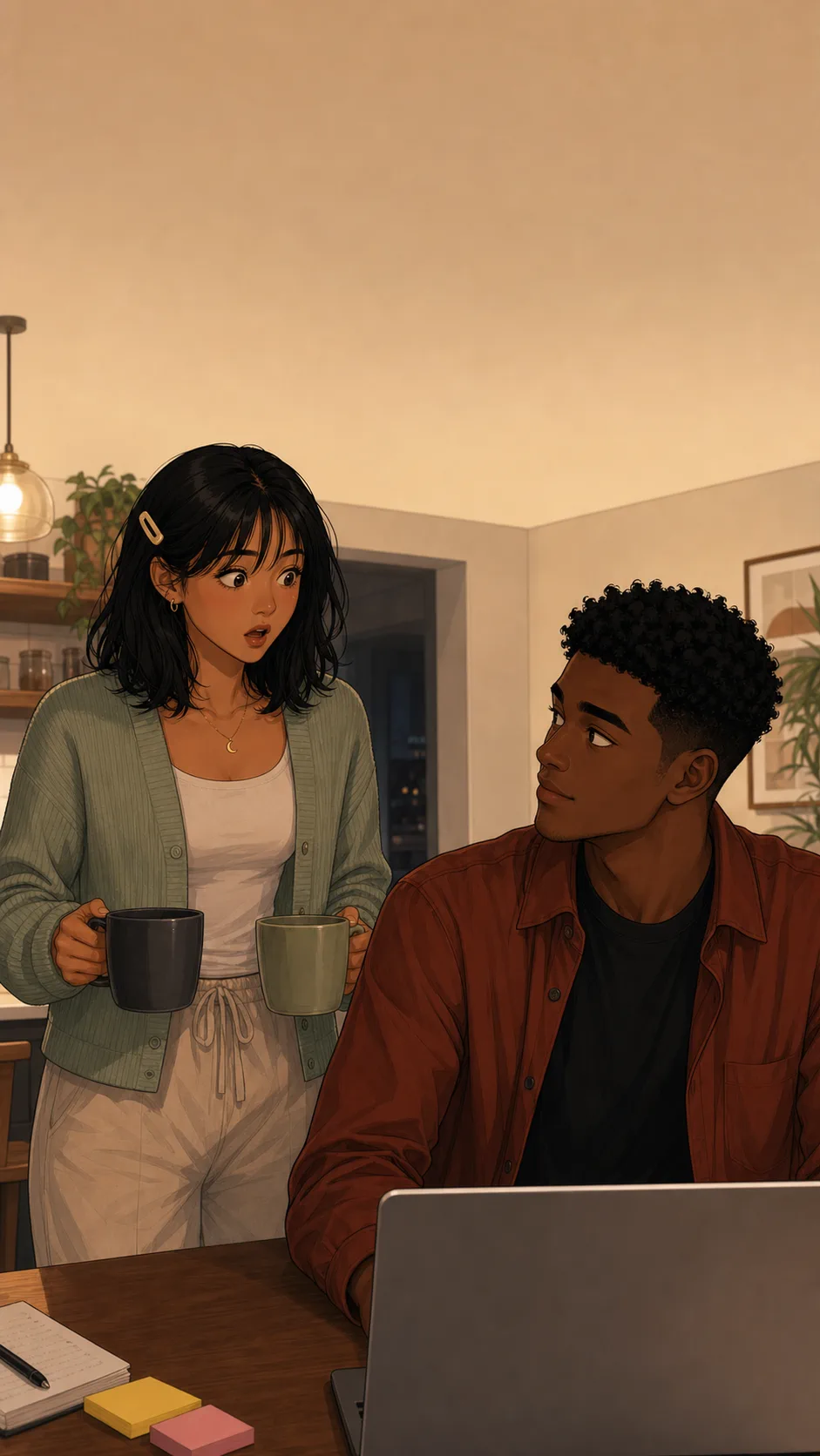 Mina returns with mugs and looks startled as Theo sits at her laptop.