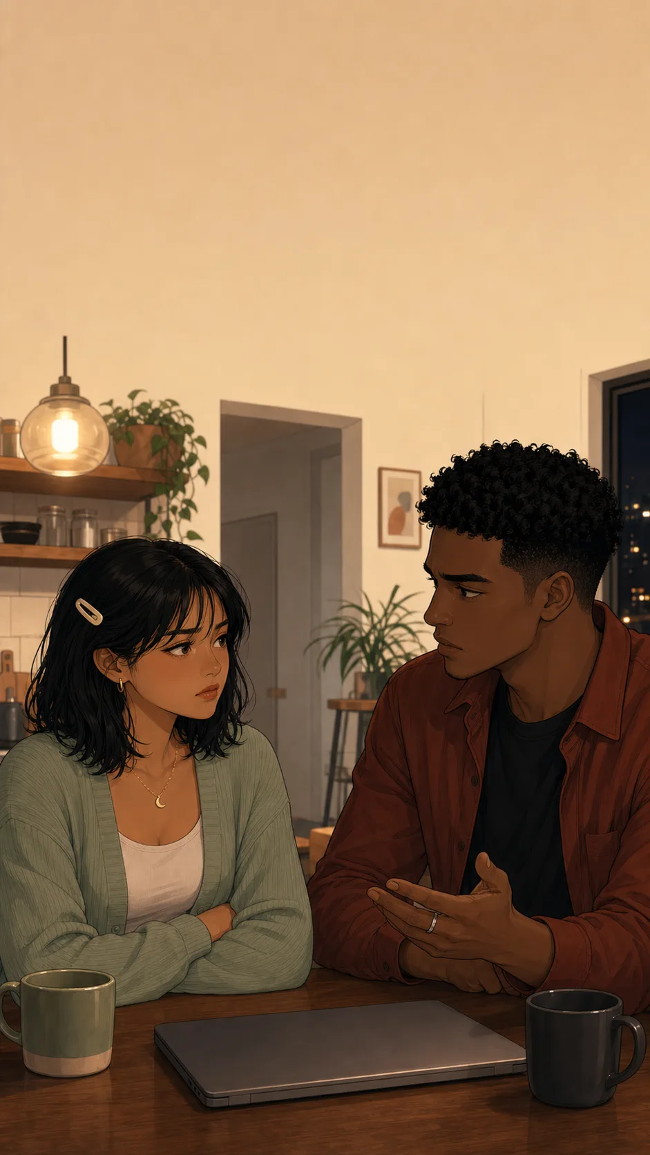 Mina and Theo sit across from each other with a closed laptop between them.