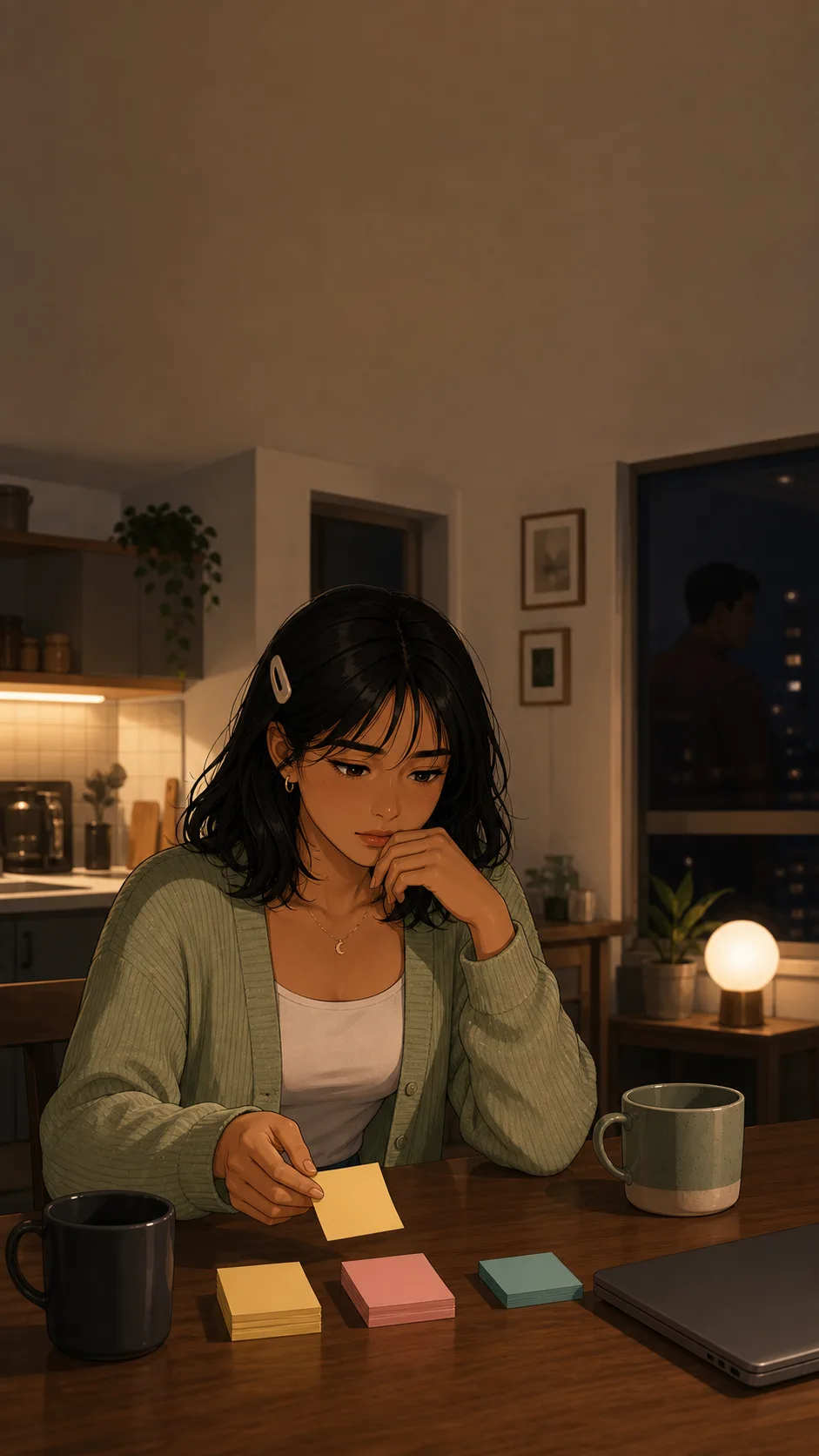 Mina sits with a closed laptop and blank sticky notes representing different friend reactions.