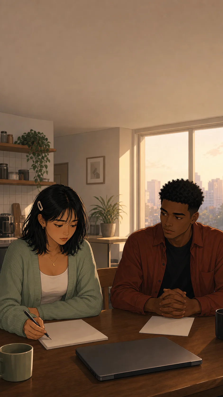 Mina and Theo sit apart at dawn with a closed laptop and blank pages between them.