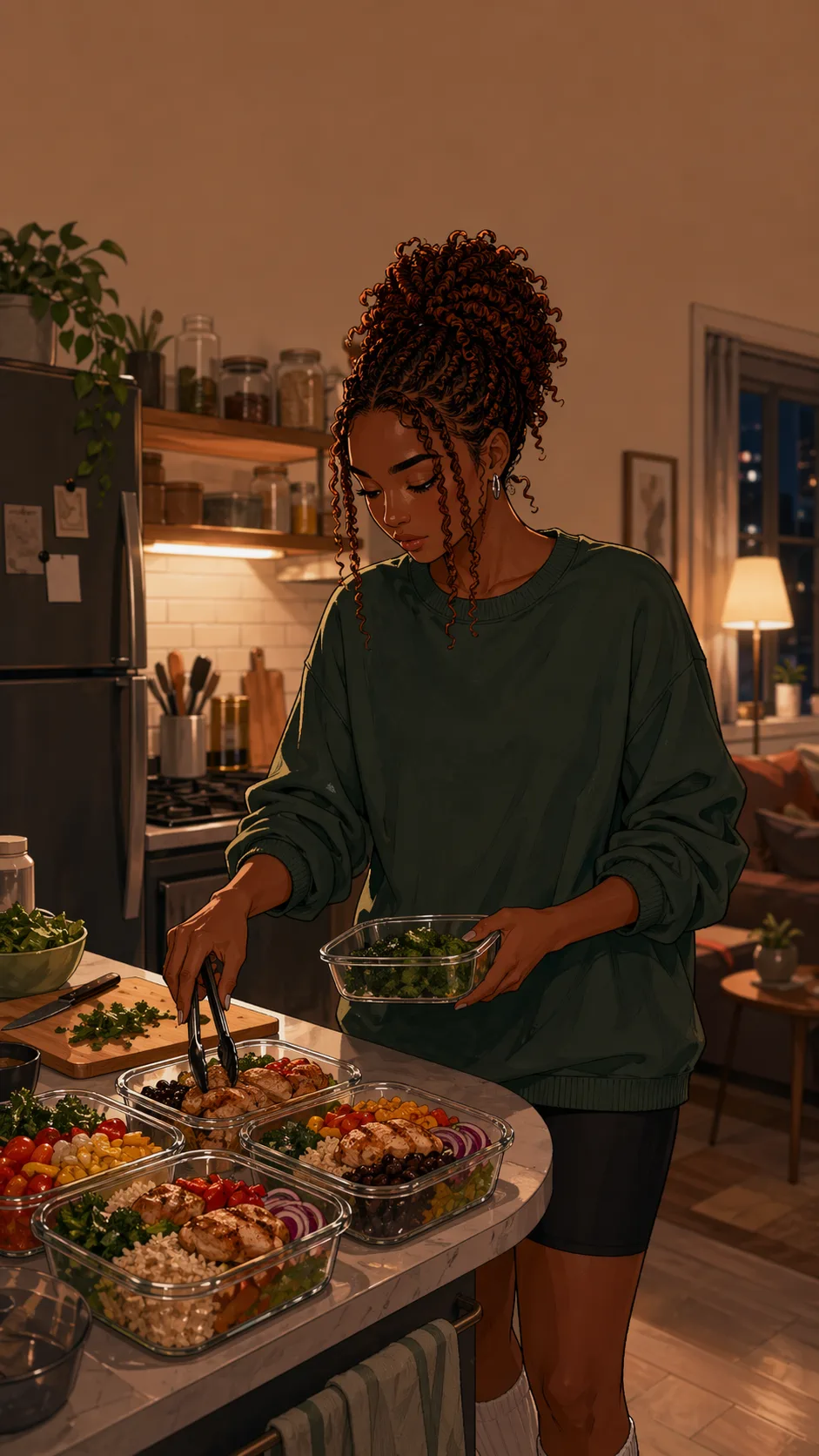 Jade cooks several meal prep bowls in a small apartment kitchen.
