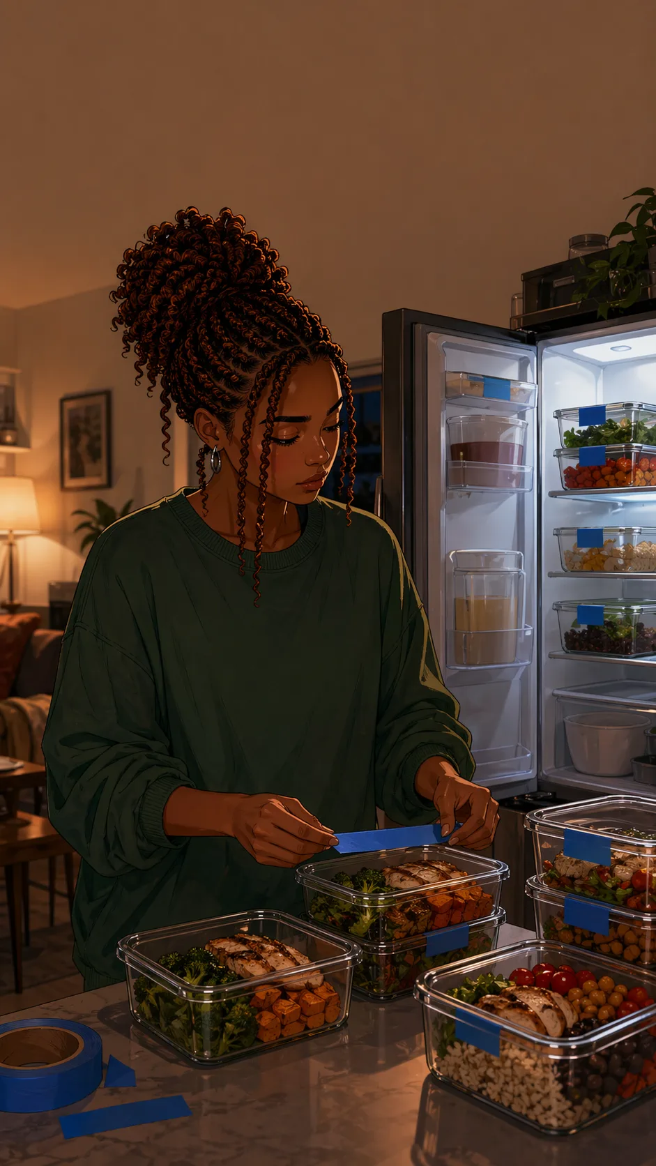Jade places labeled meal containers on a shelf inside the apartment fridge.