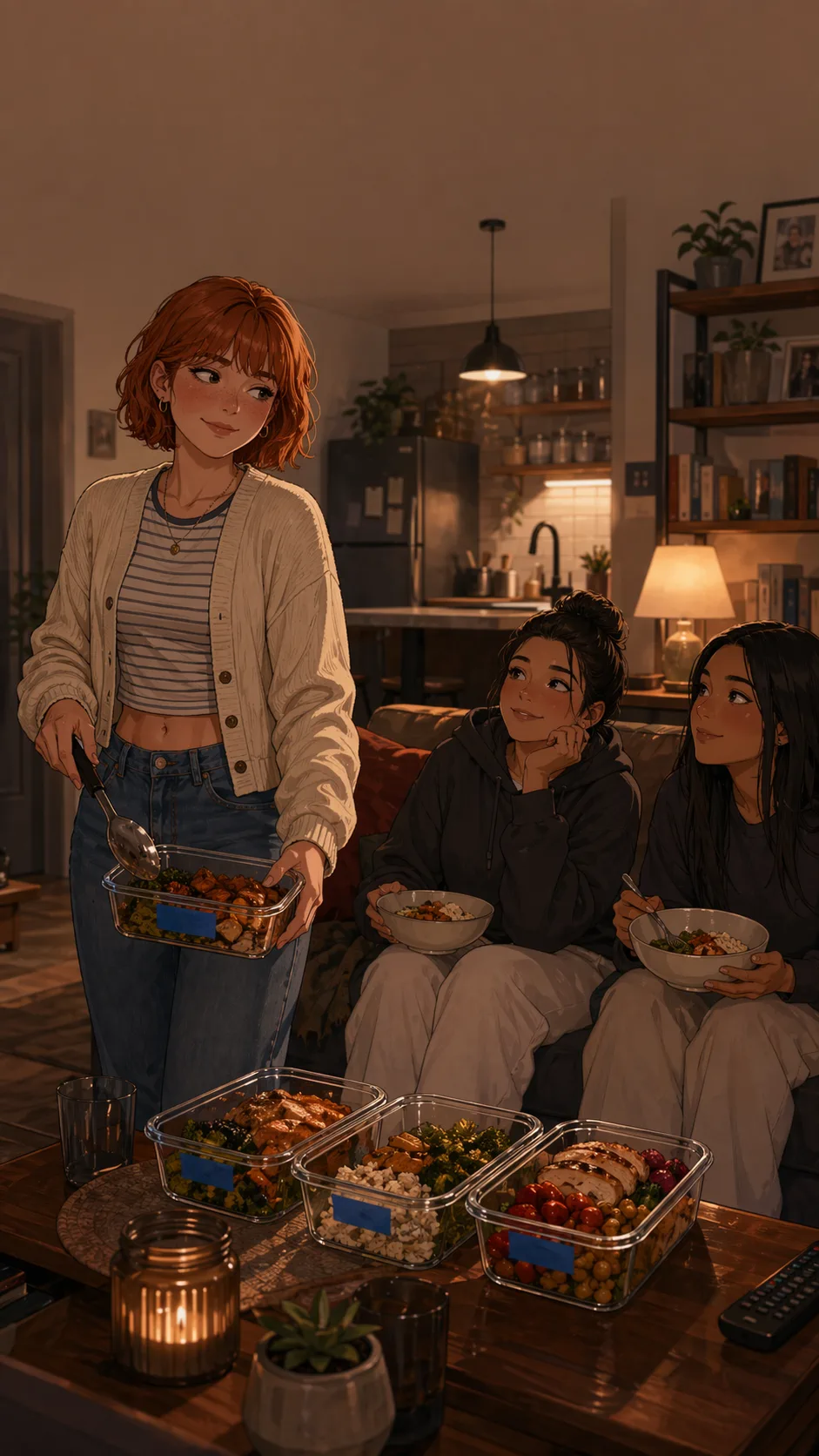 Bree serves food from meal prep containers to friends during a movie night.