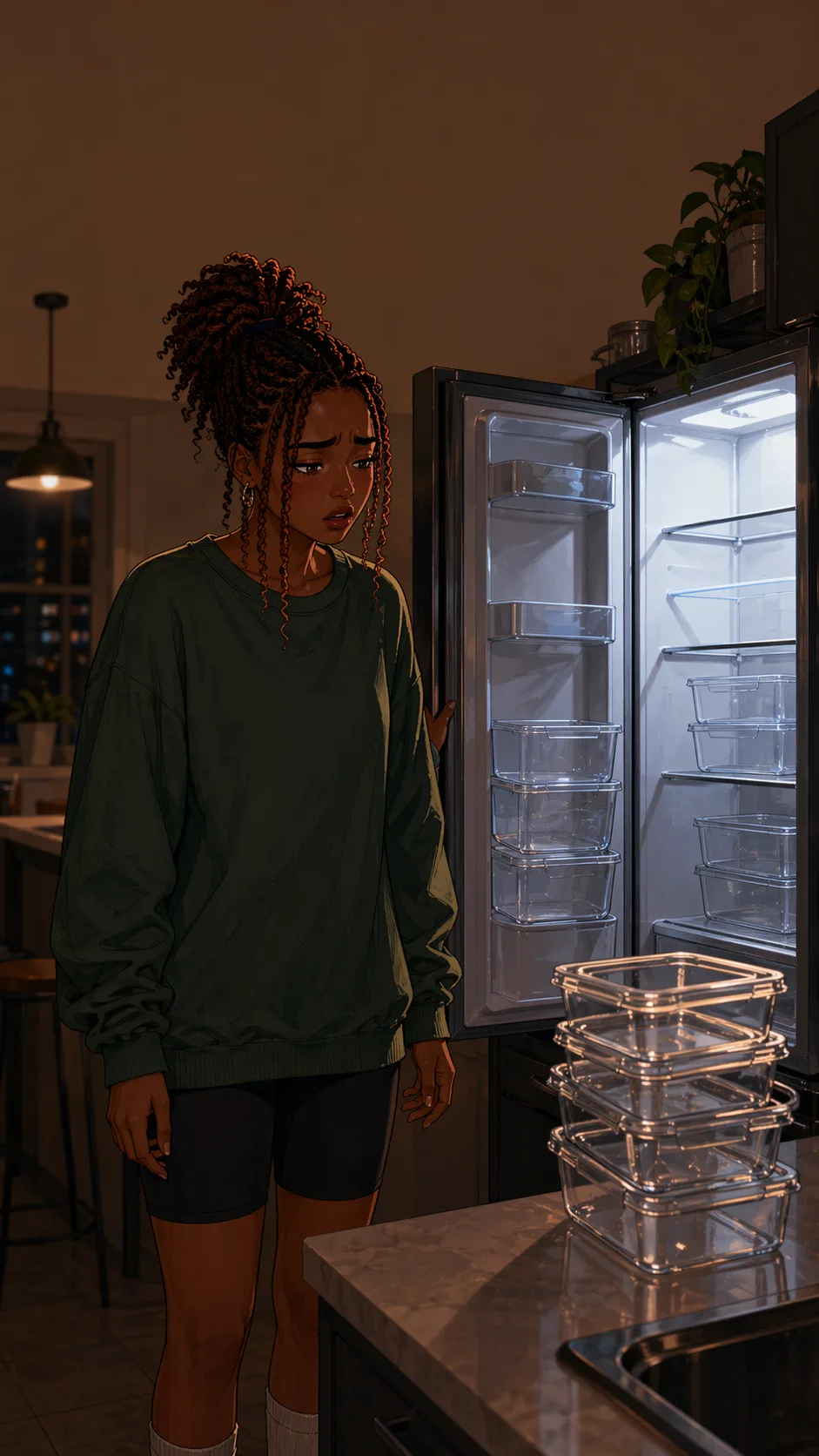 Jade stands shocked before an open fridge with empty meal prep containers nearby.