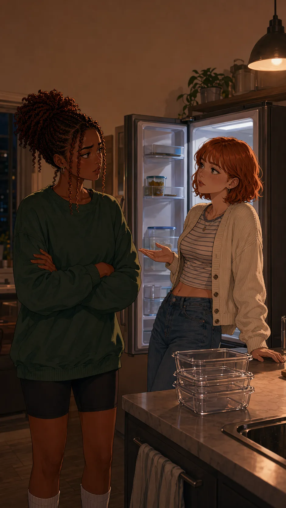 Bree and Jade argue quietly in the apartment kitchen after the food is gone.