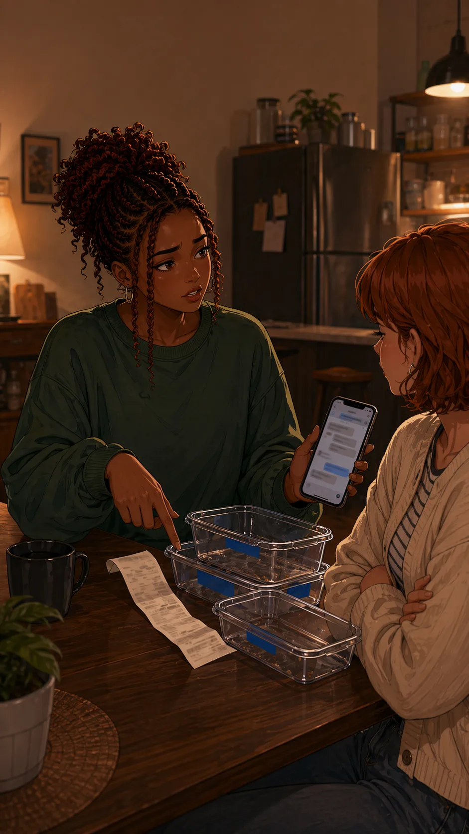 Jade points to empty containers, a blank receipt, and a blurred house chat on the kitchen table.