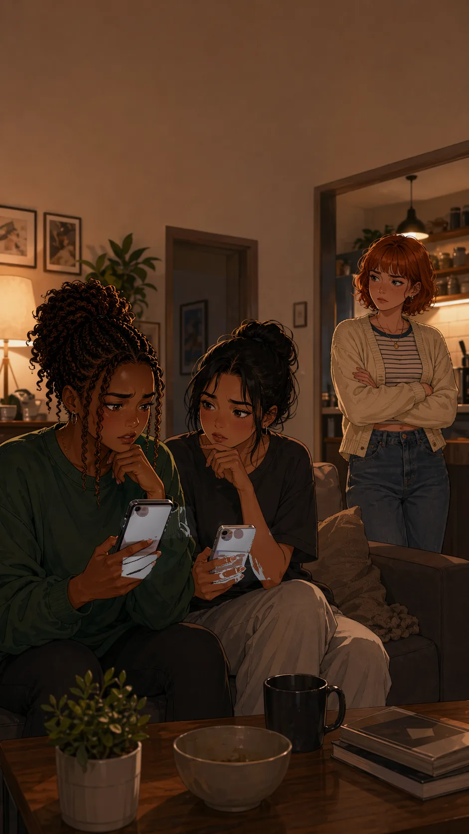 Jade and Bree sit apart in a living room while two phones are held with only their backs visible.