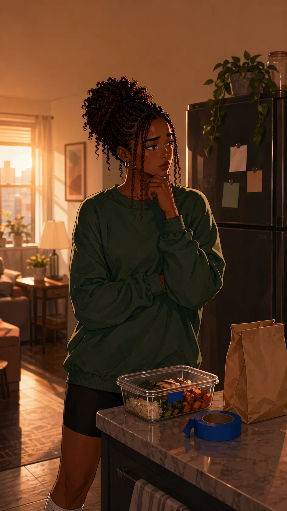 Jade stands by the fridge at dawn with a container, blue tape, and a grocery bag.