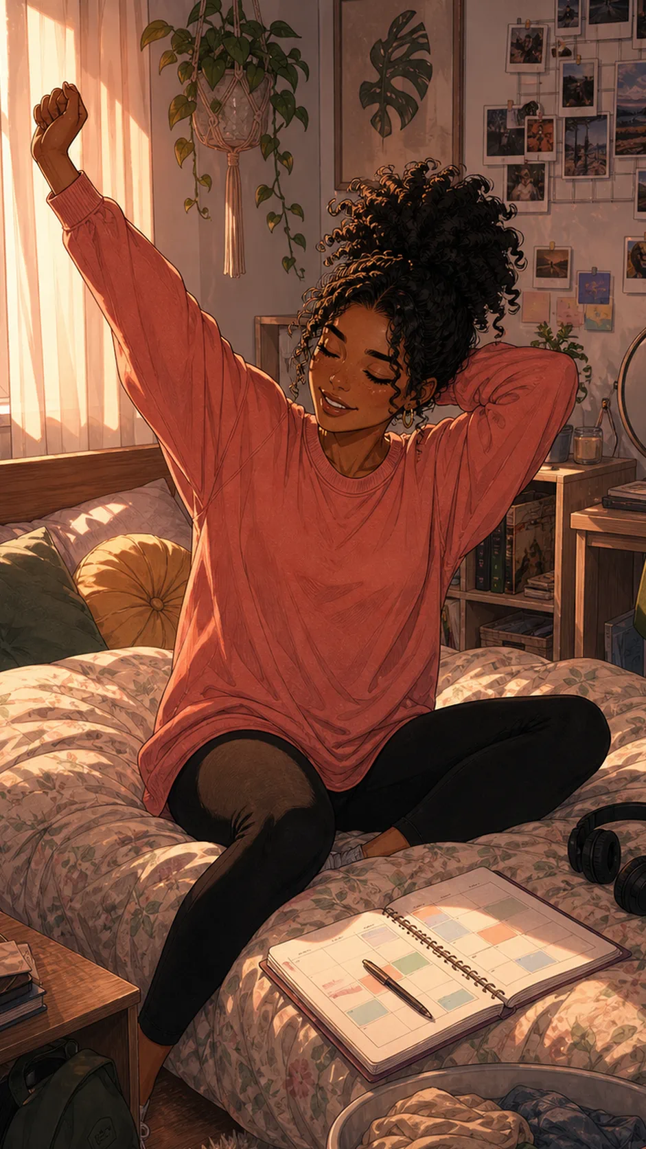 Talia wakes in a cozy apartment bedroom, stretching beside a planner and laundry basket.