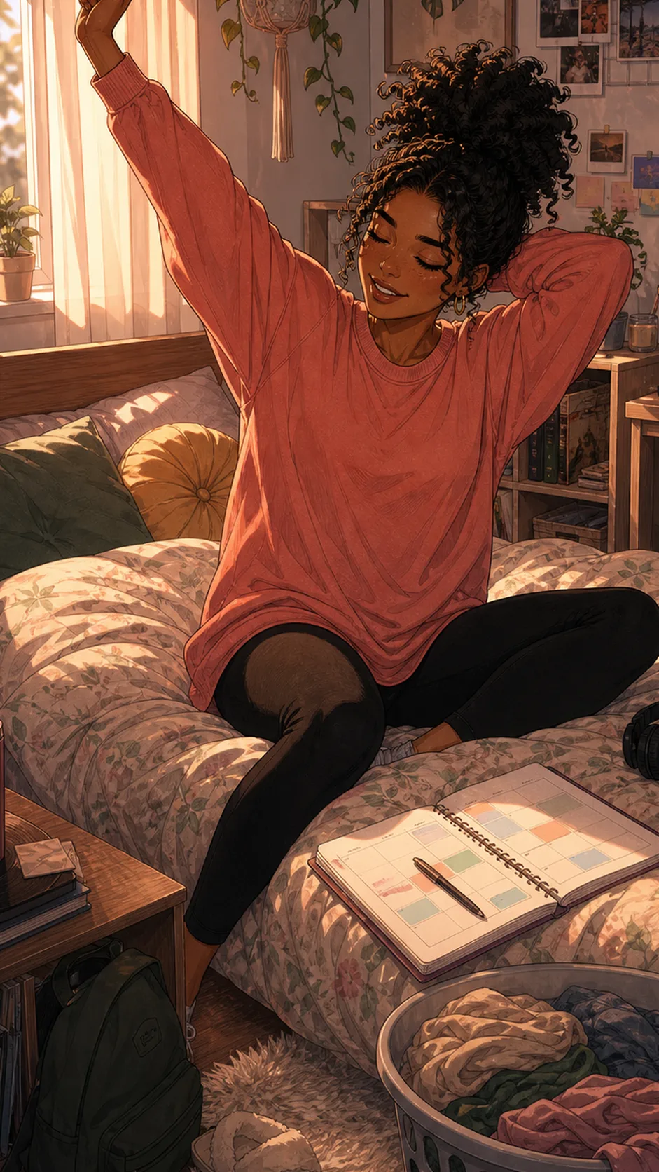June studies at a small desk with laptop, notebooks, and headphones, anxious under soft morning light.