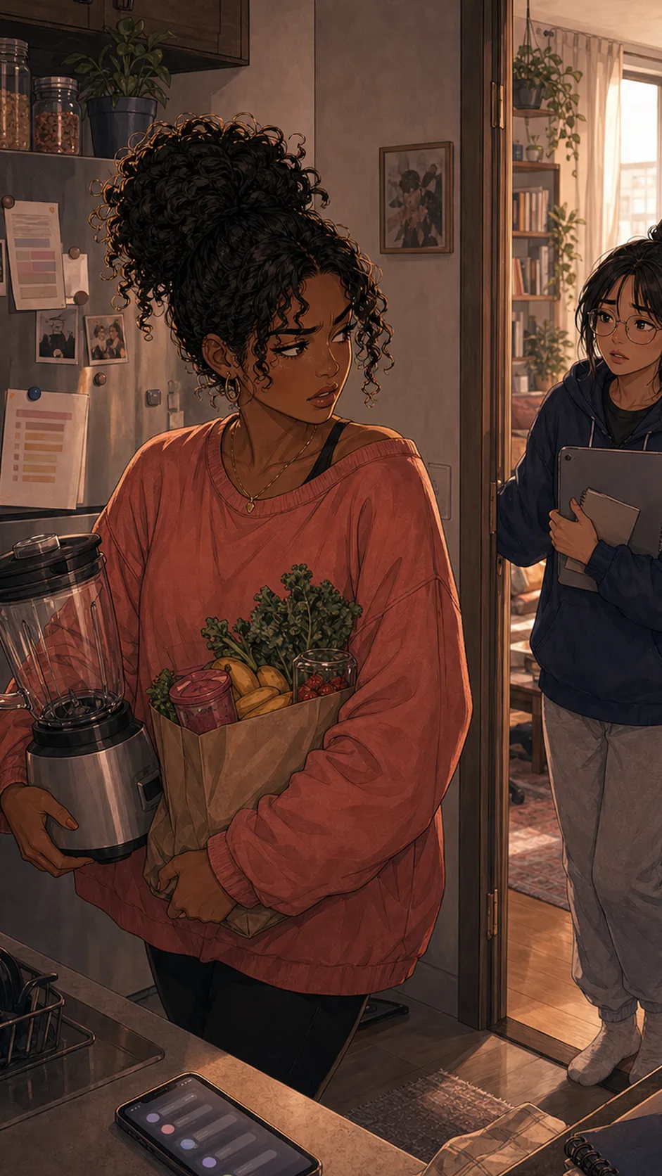 Talia stands in the kitchen with a blender and groceries while June appears in the doorway, tense.