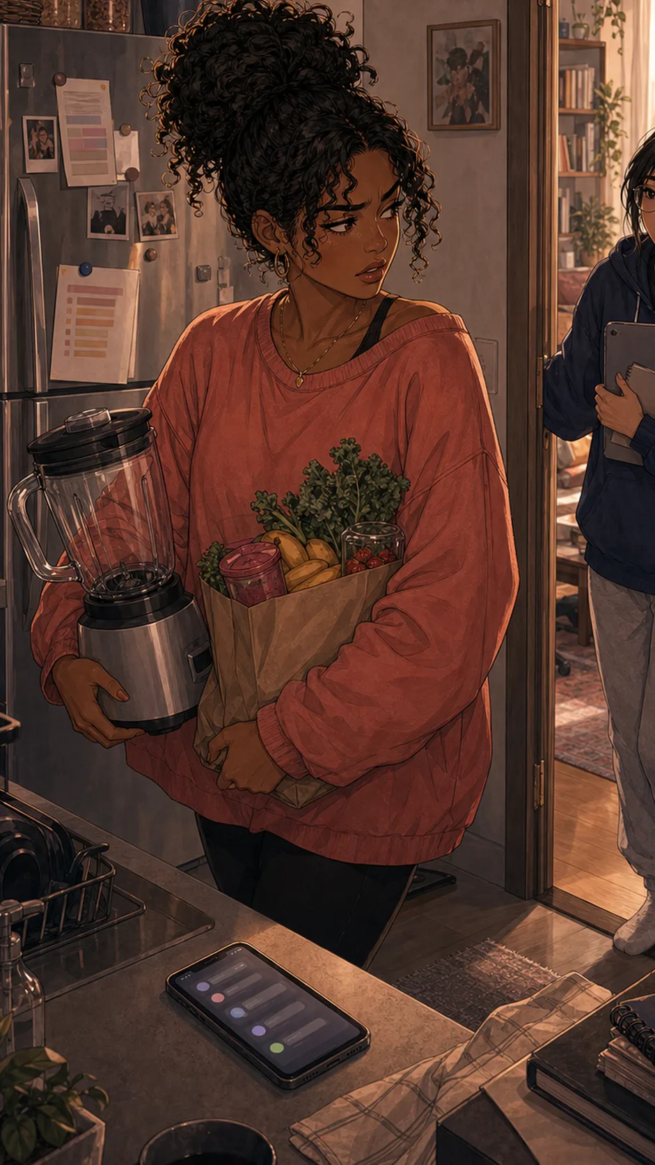 June holds a laptop against her chest, worried and apologetic, study materials behind her.