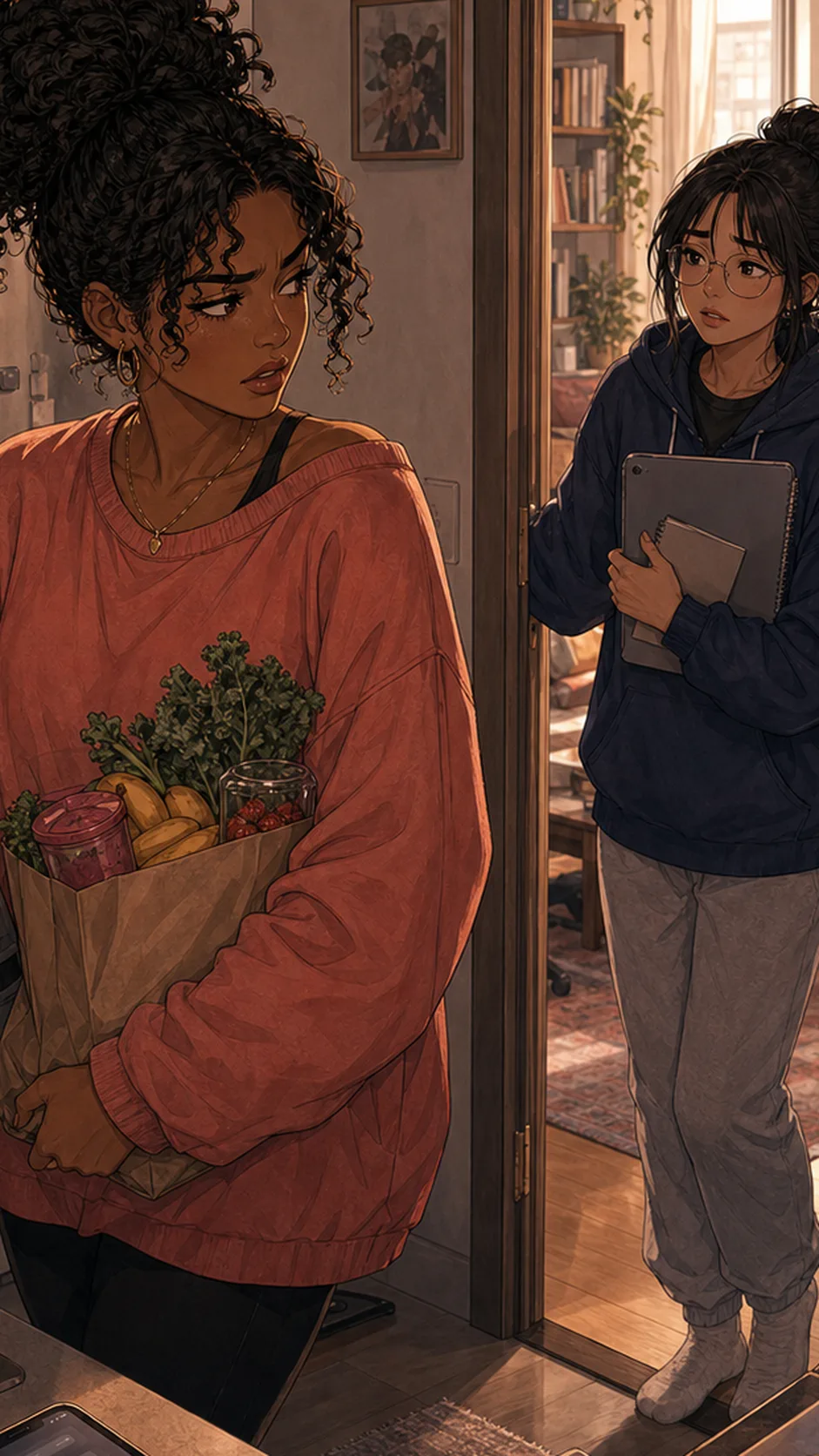 Talia points at her phone with a frustrated expression, apartment calendar abstract and unreadable.