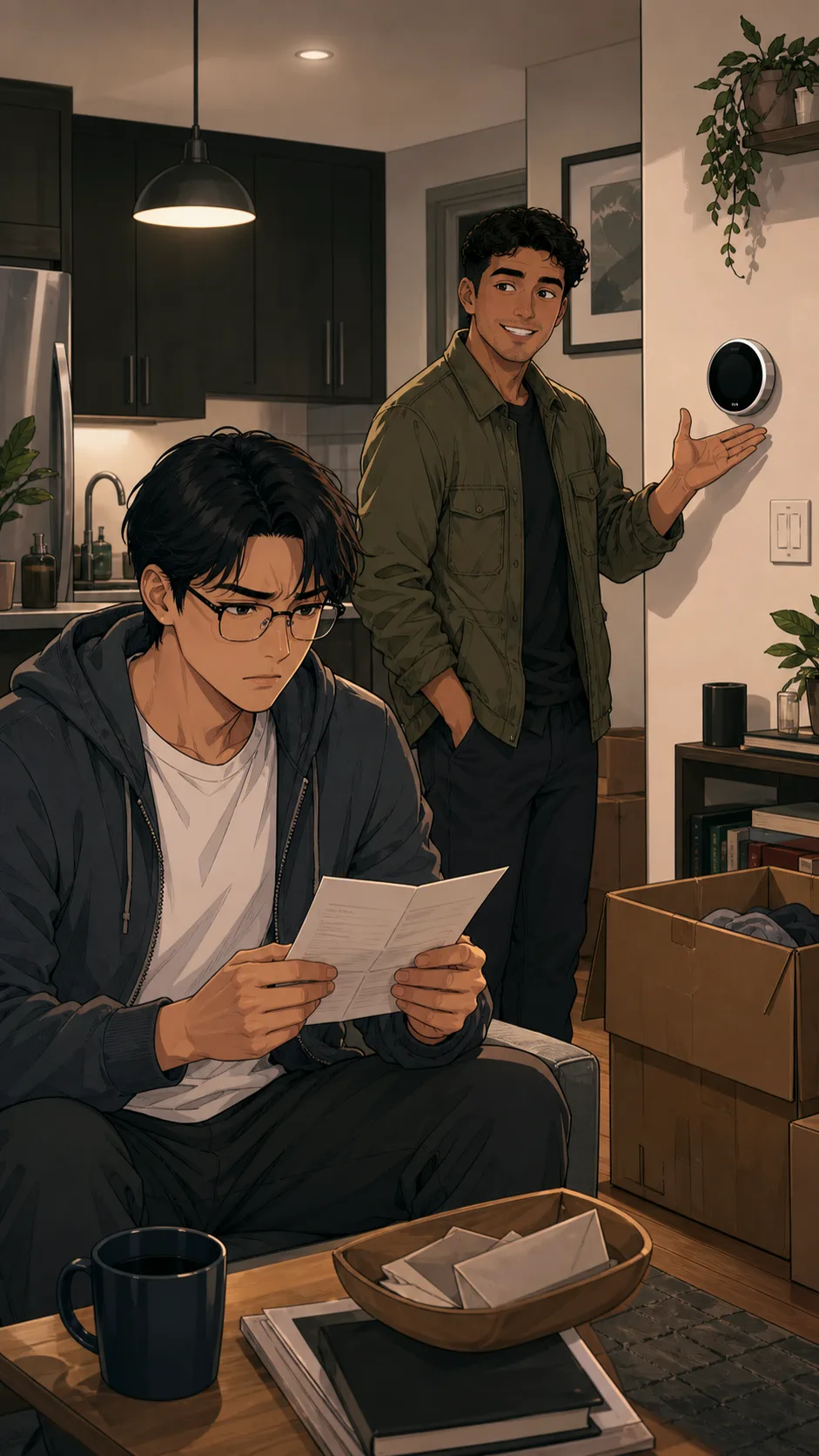 Noah sees a new apartment charge while Cam stands nearby.
