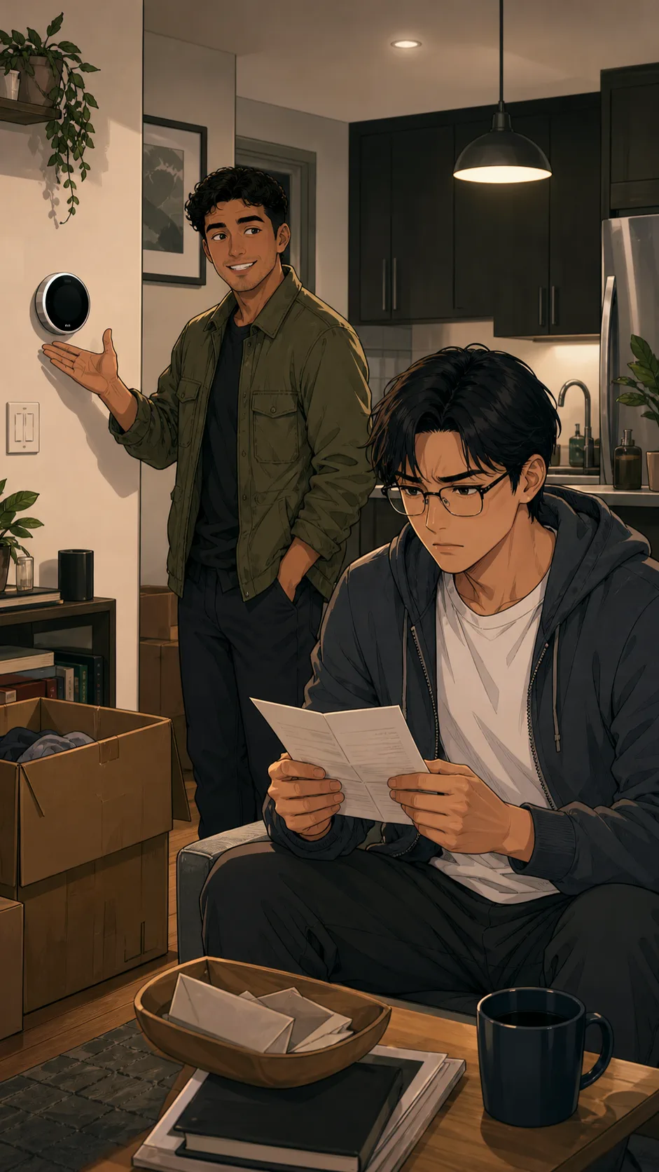 Cam shows Noah a new smart thermostat on the apartment wall.