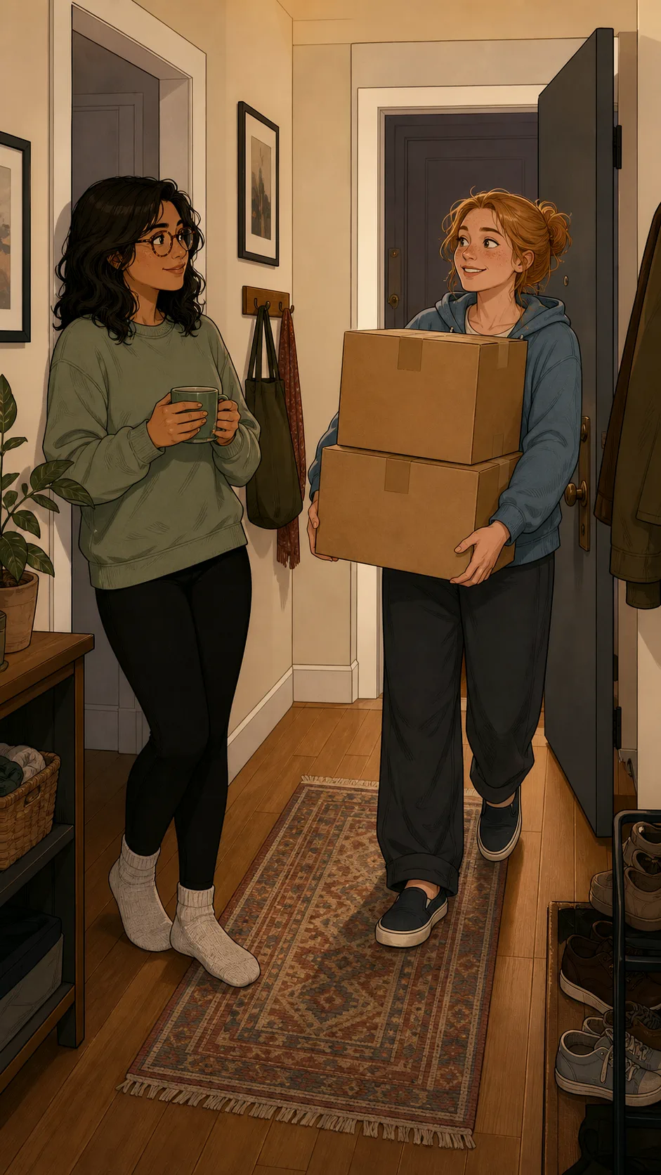 Noah gestures to moving boxes while discussing the thermostat cost.