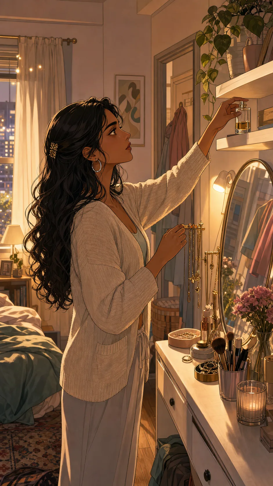Mina carefully places an unbranded perfume bottle on a high vanity shelf.