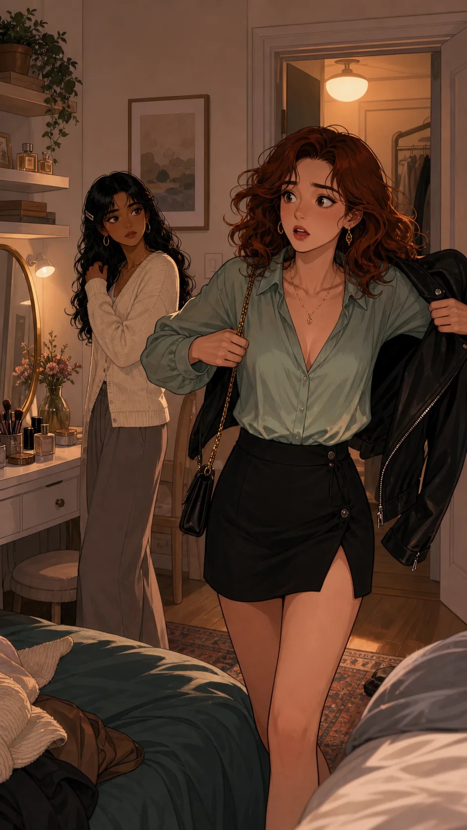 Tessa rushes to get ready for a date in a shared bedroom.
