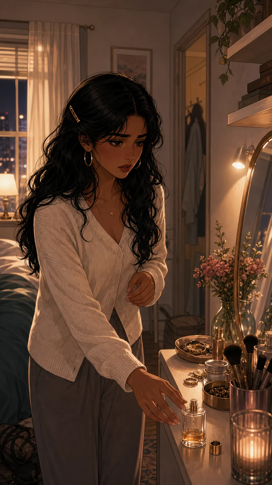 Mina notices her perfume bottle moved on the vanity.