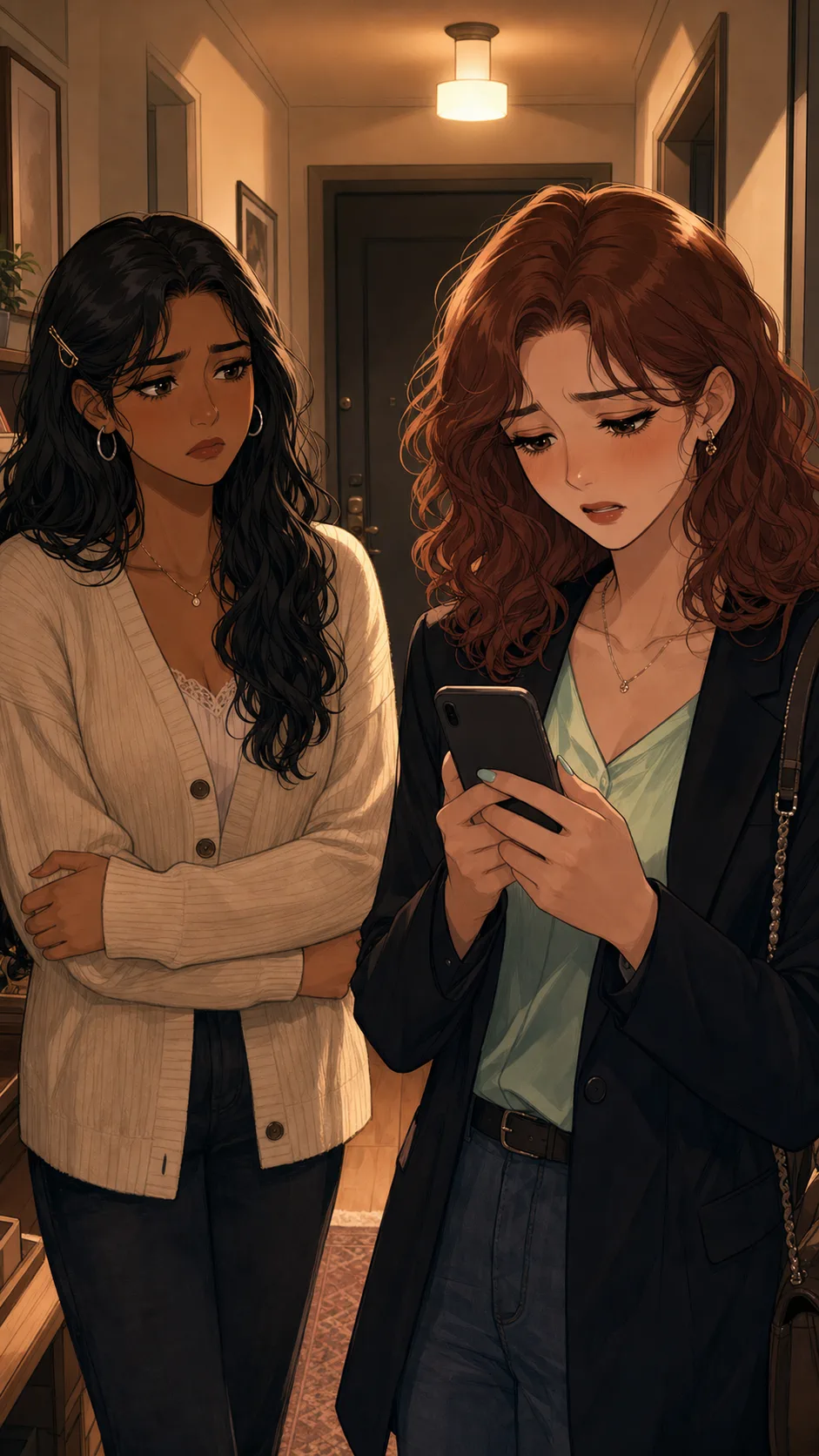 Tessa checks her phone with the screen facing her while Mina looks hurt.