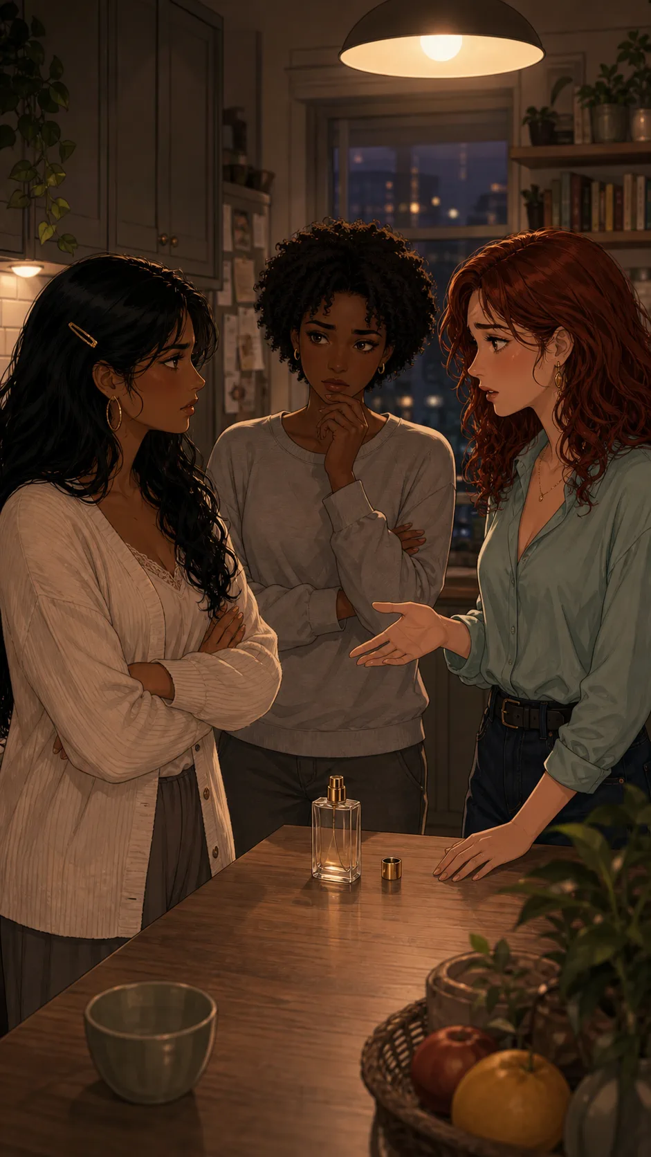 Three roommates discuss the perfume bottle in a shared kitchen.