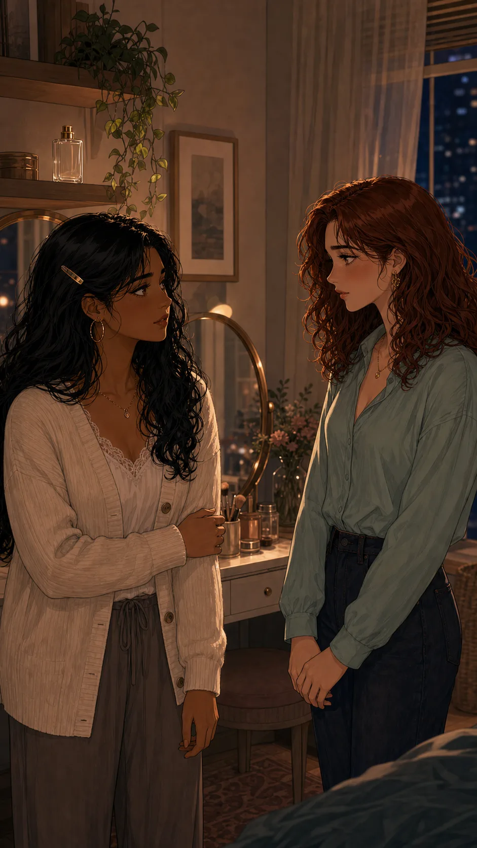 Mina and Tessa stand thoughtfully beside the vanity and perfume shelf.