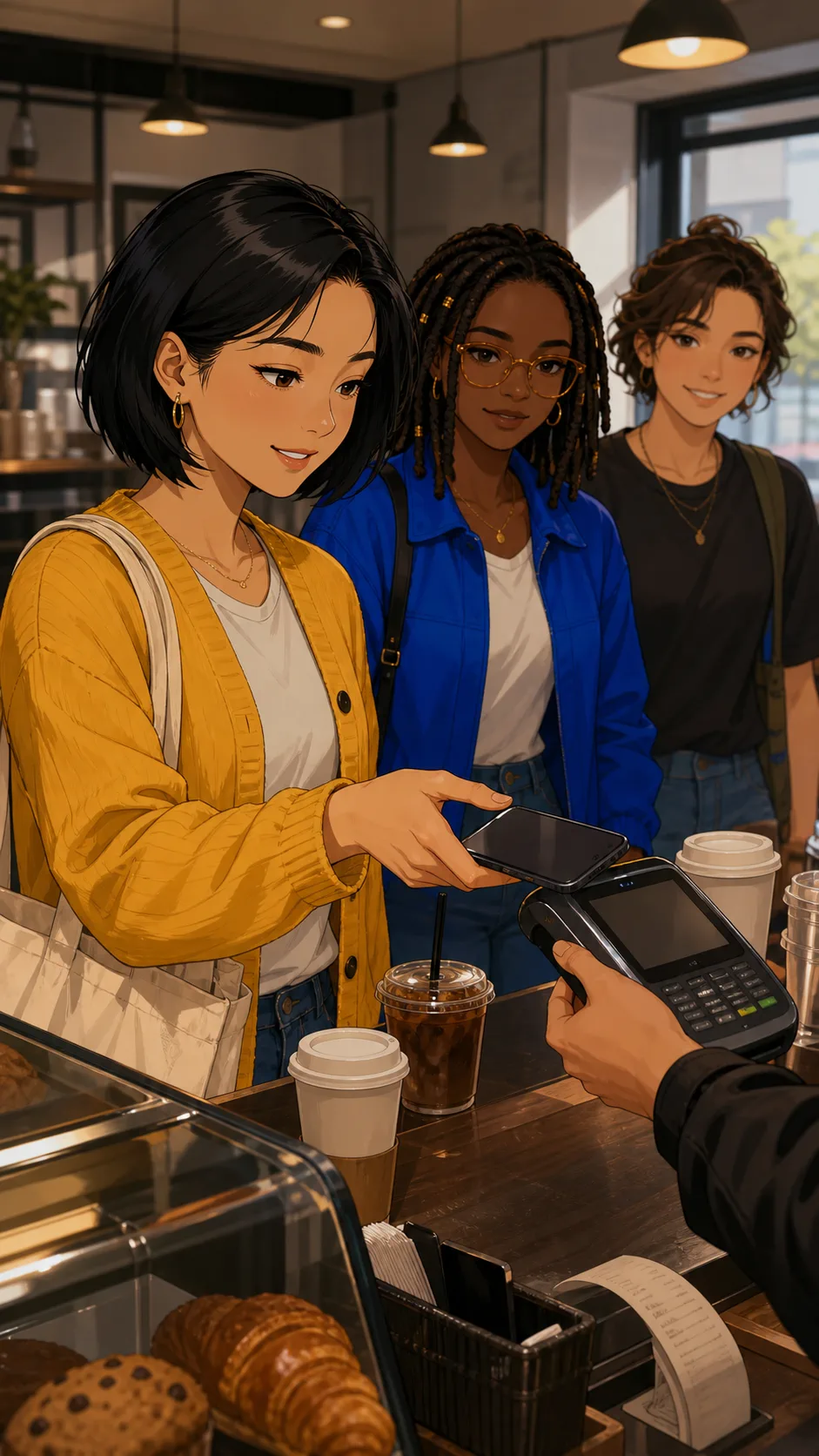 Mae pays for a coffee run at a generic counter while Harper waits.