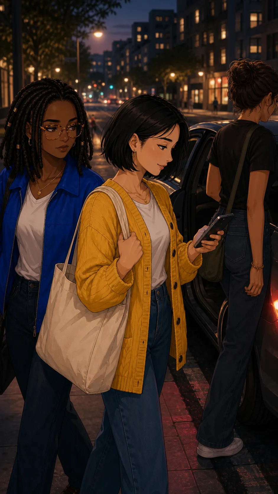 Mae and Harper stand at a generic curb after sharing a ride.
