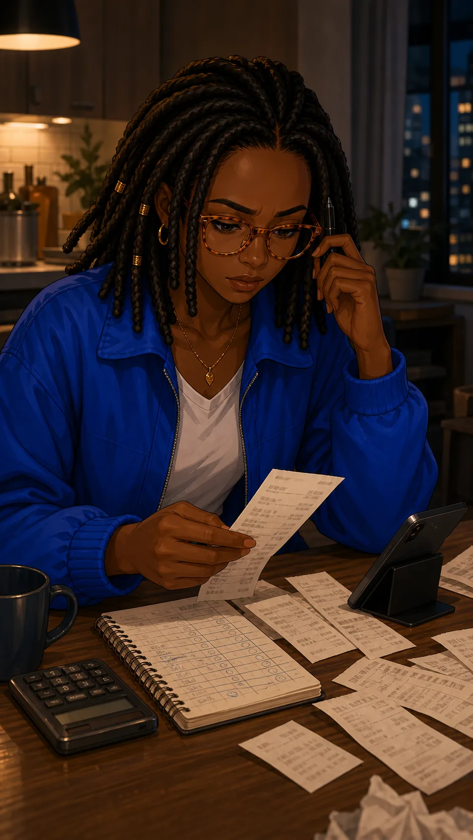 Harper reviews several plain receipt slips at a kitchen table.