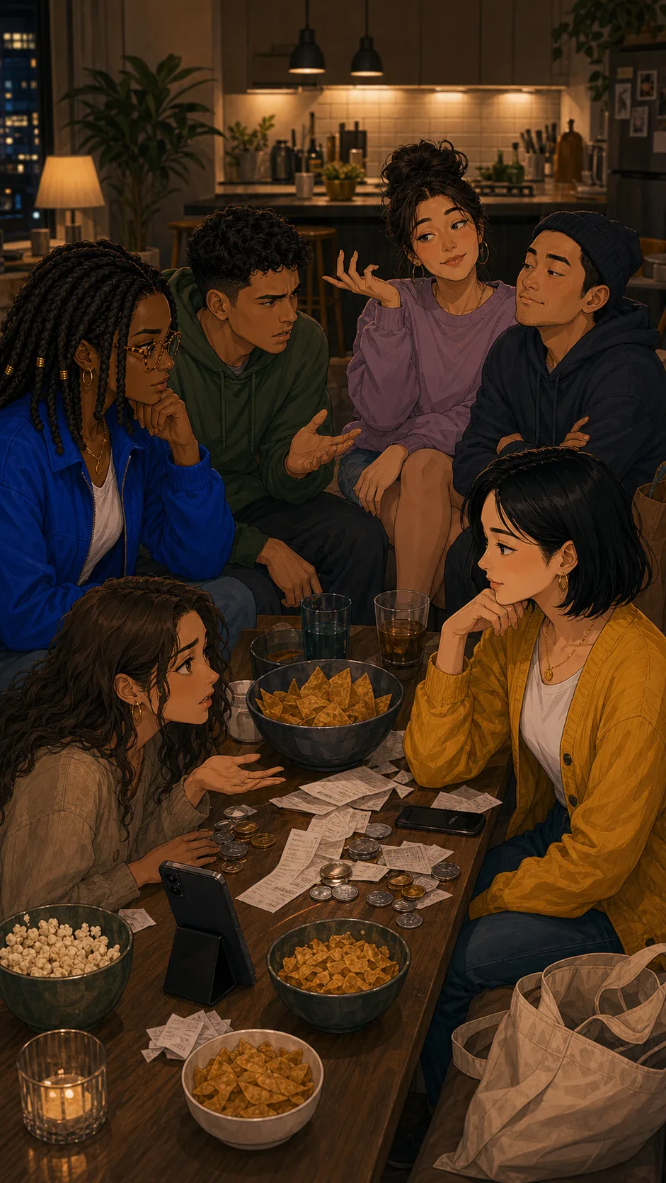 Friends debate rounded-up reimbursements around a snack table.