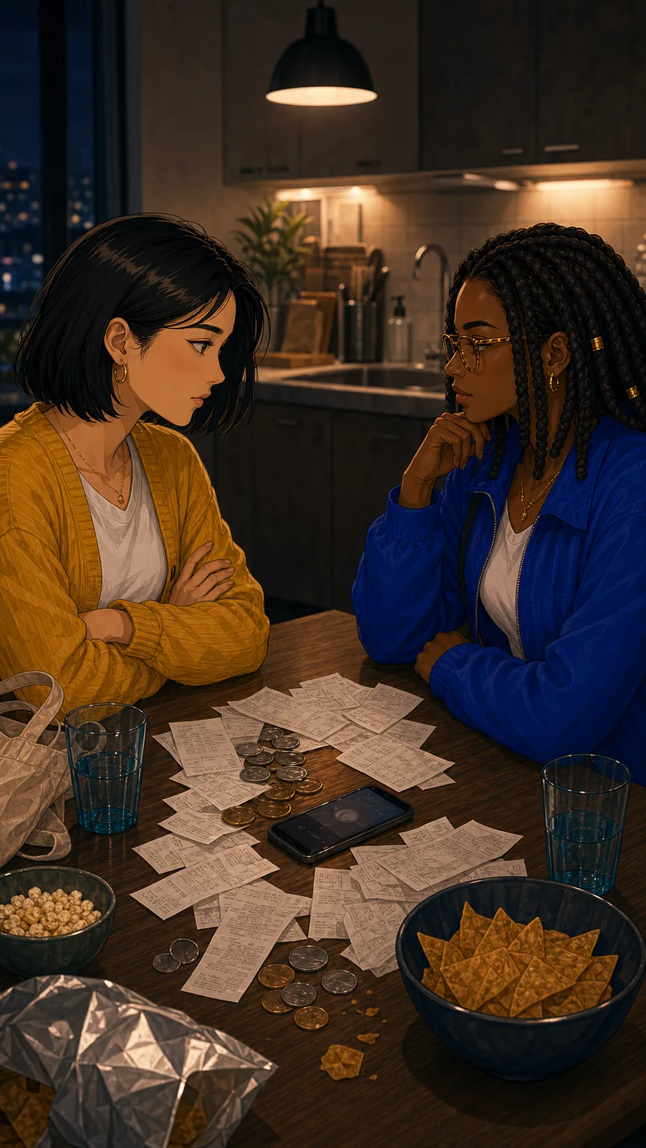 Harper and Mae sit with a pending payment request between them.