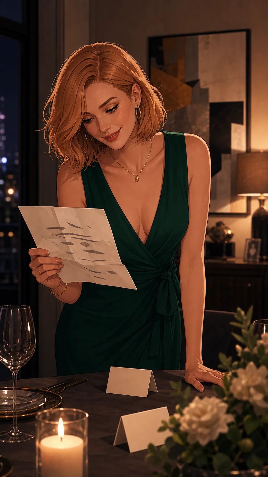 Sloane finds Avery's private seating notes beside blank place cards.