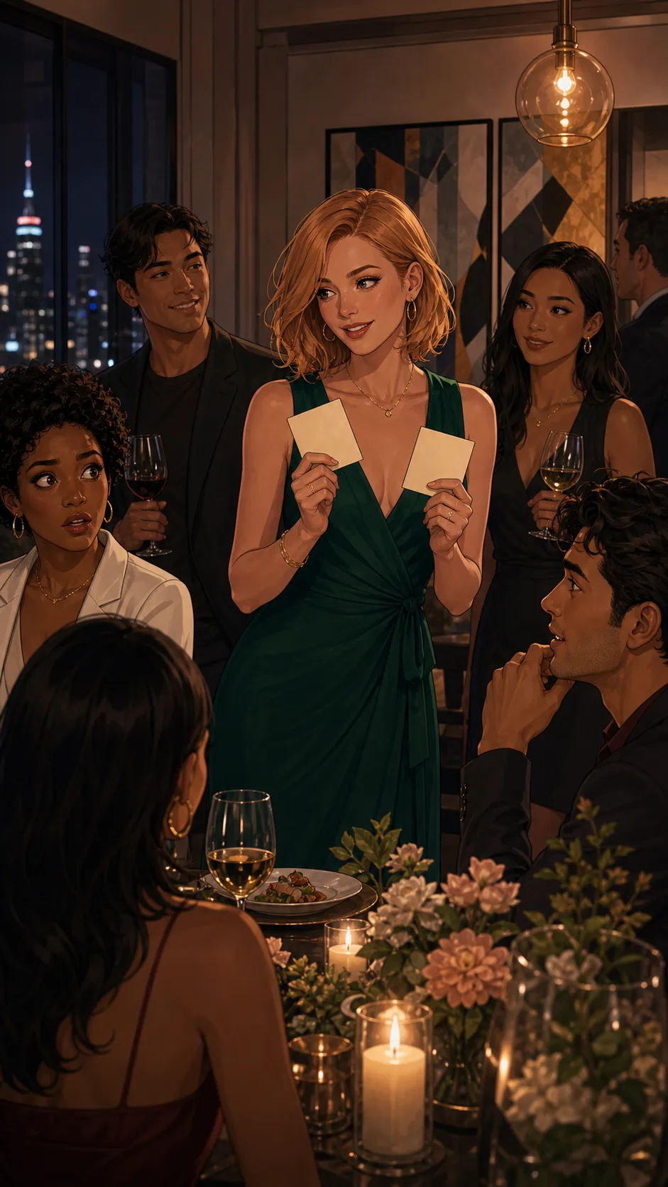 Sloane starts a party game with blank cards as guests gather.