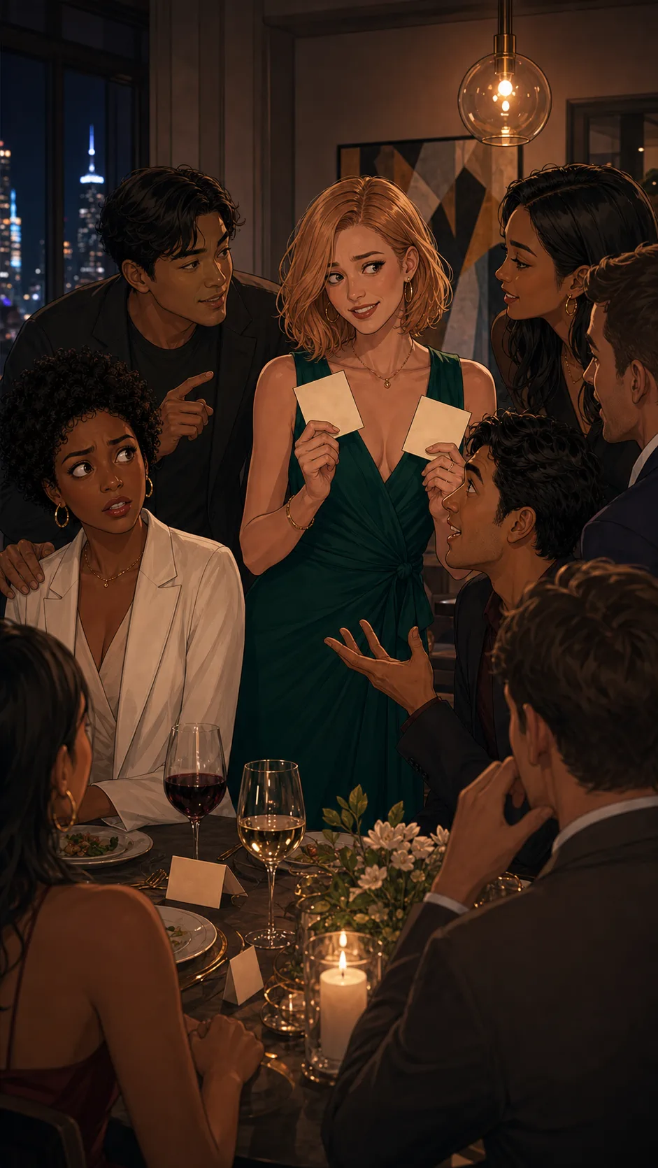 Avery freezes as guests laugh and guess from the seating notes.
