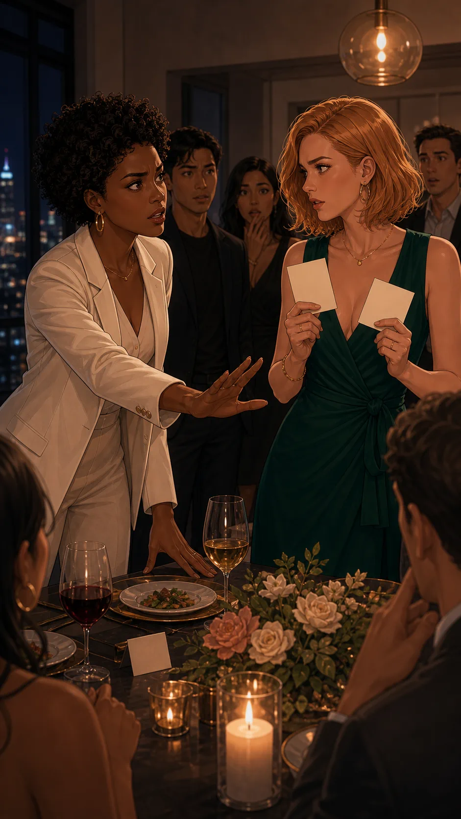 A dinner guest looks embarrassed as the party game becomes personal.