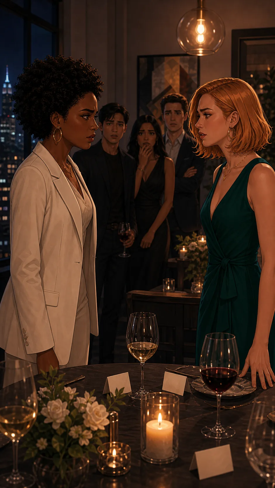 Avery confronts Sloane beside the dinner table.