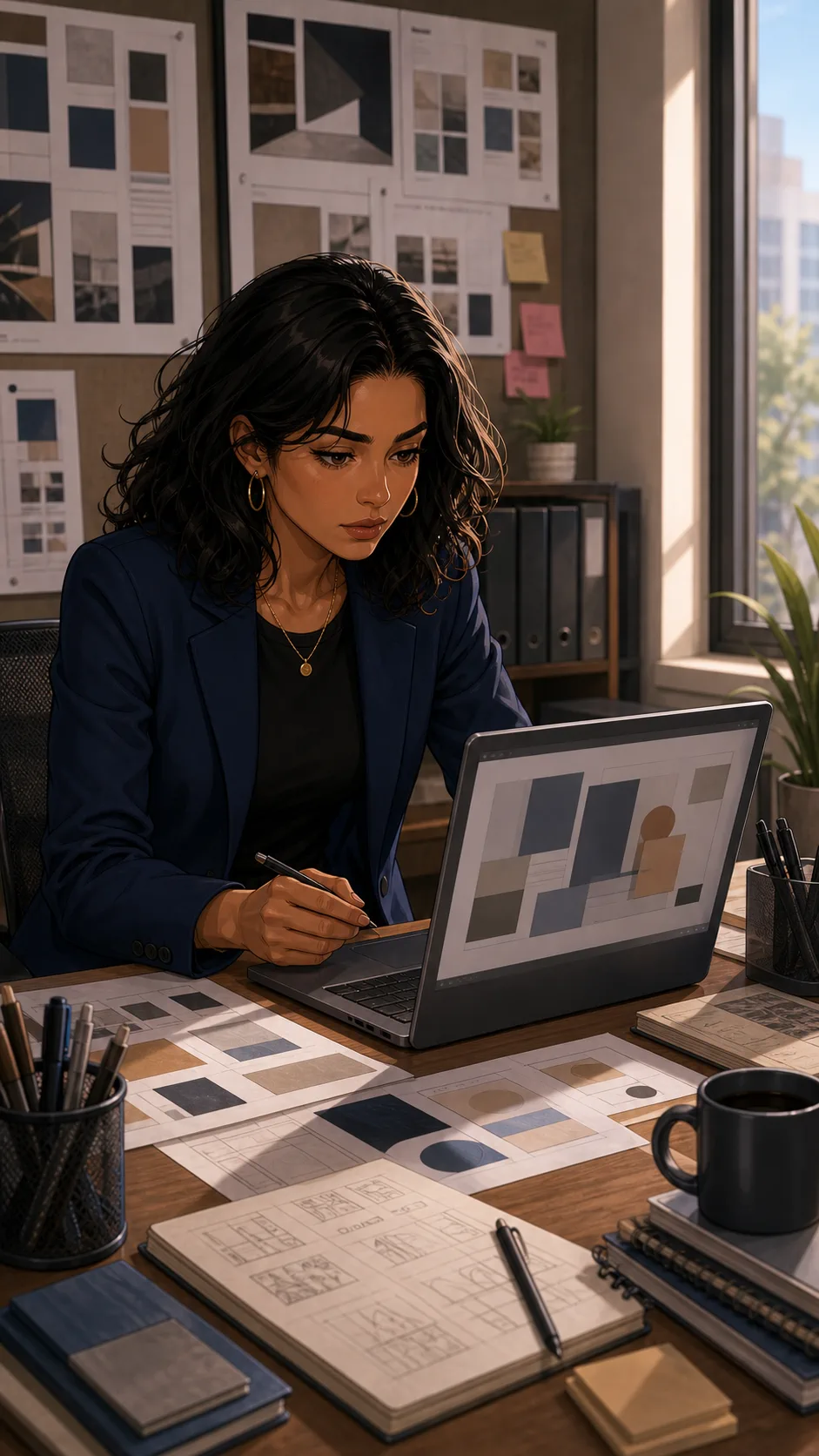 Samira works on an abstract mockup in an office design room.