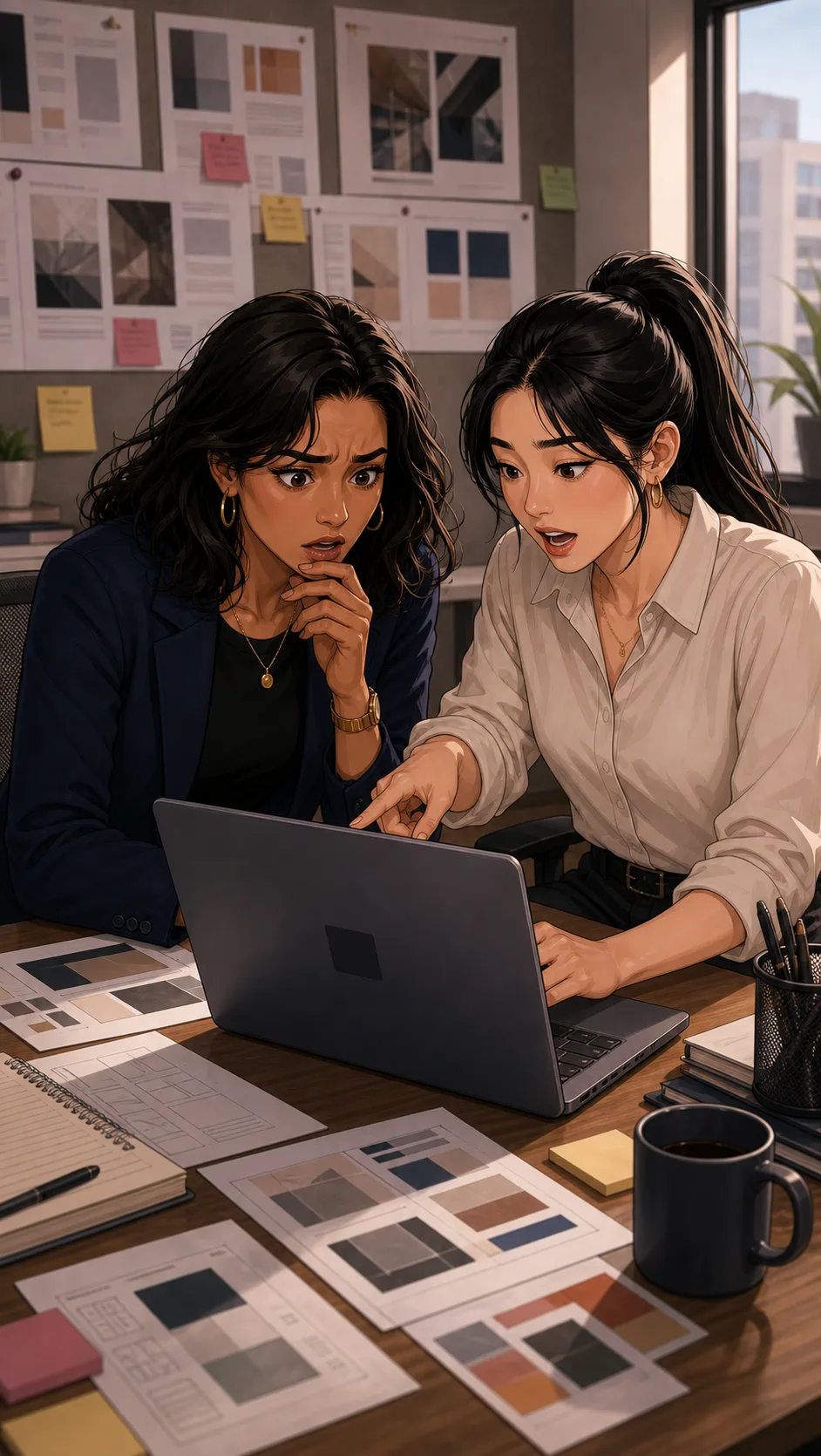 Samira shows Elise the rough mockup during an internal huddle.