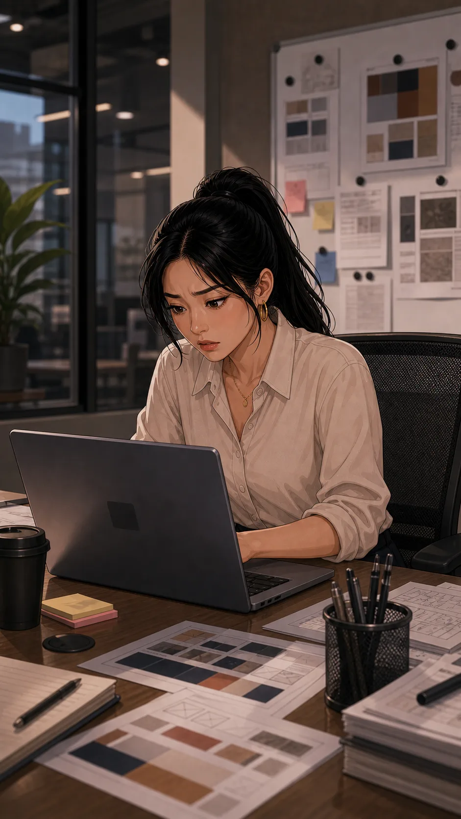 Elise checks the project schedule on her laptop and looks worried.
