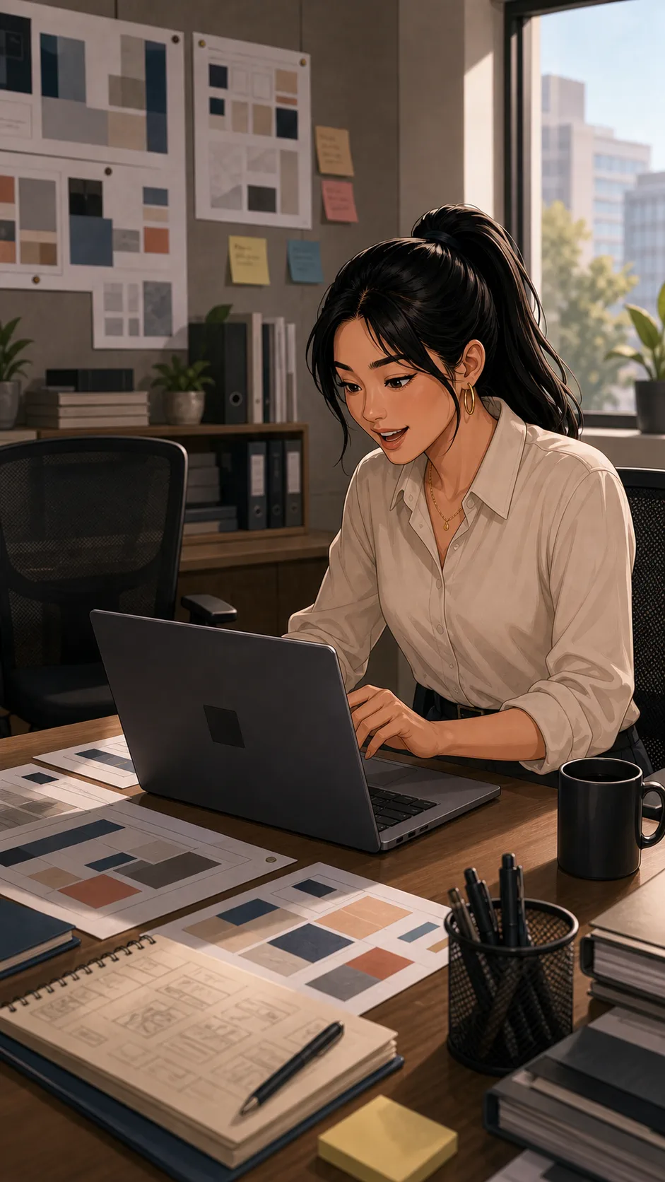 Elise sends the mockup from her laptop while Samira is away.