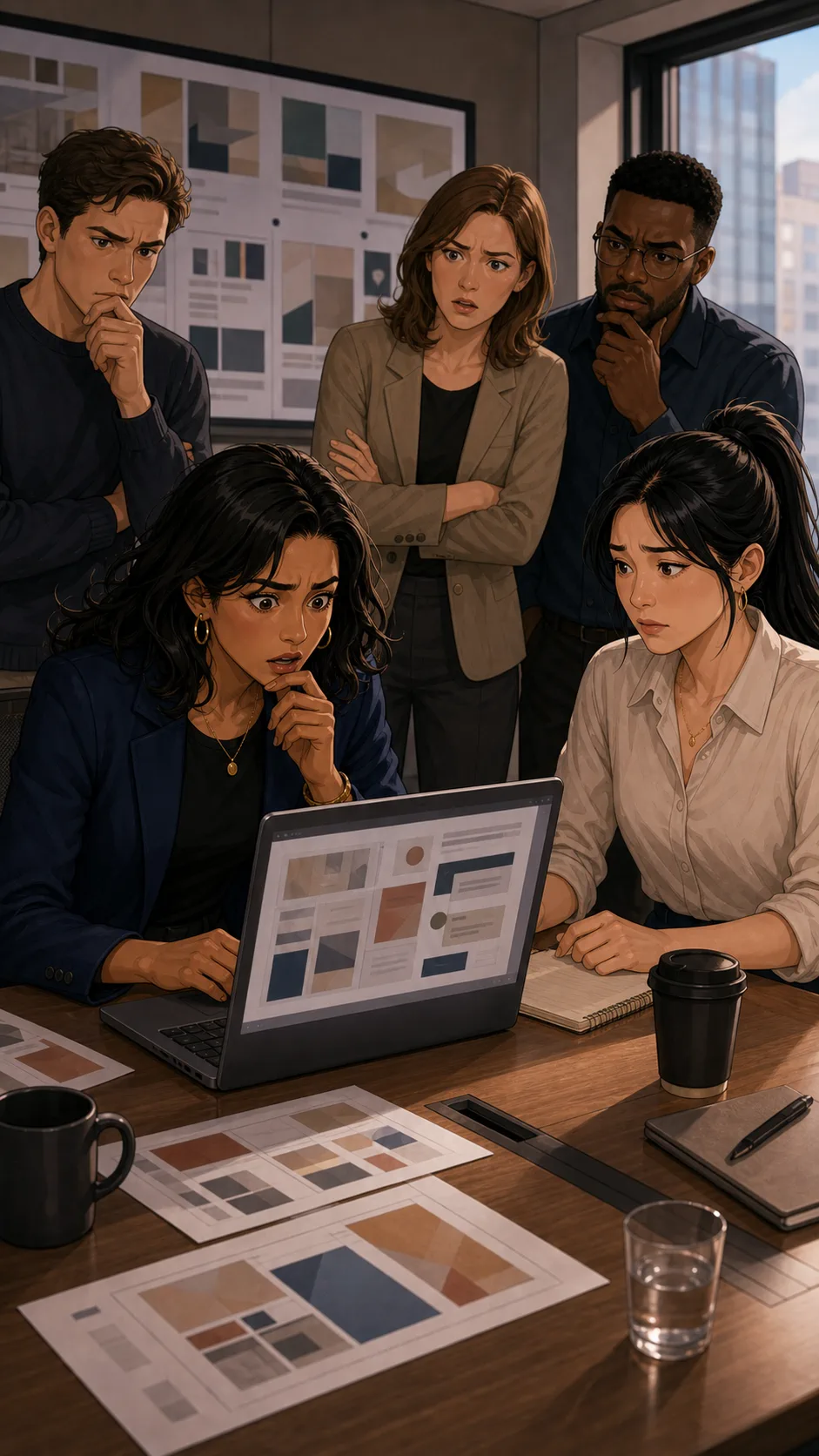Samira sees client feedback on the rough mockup during a meeting.