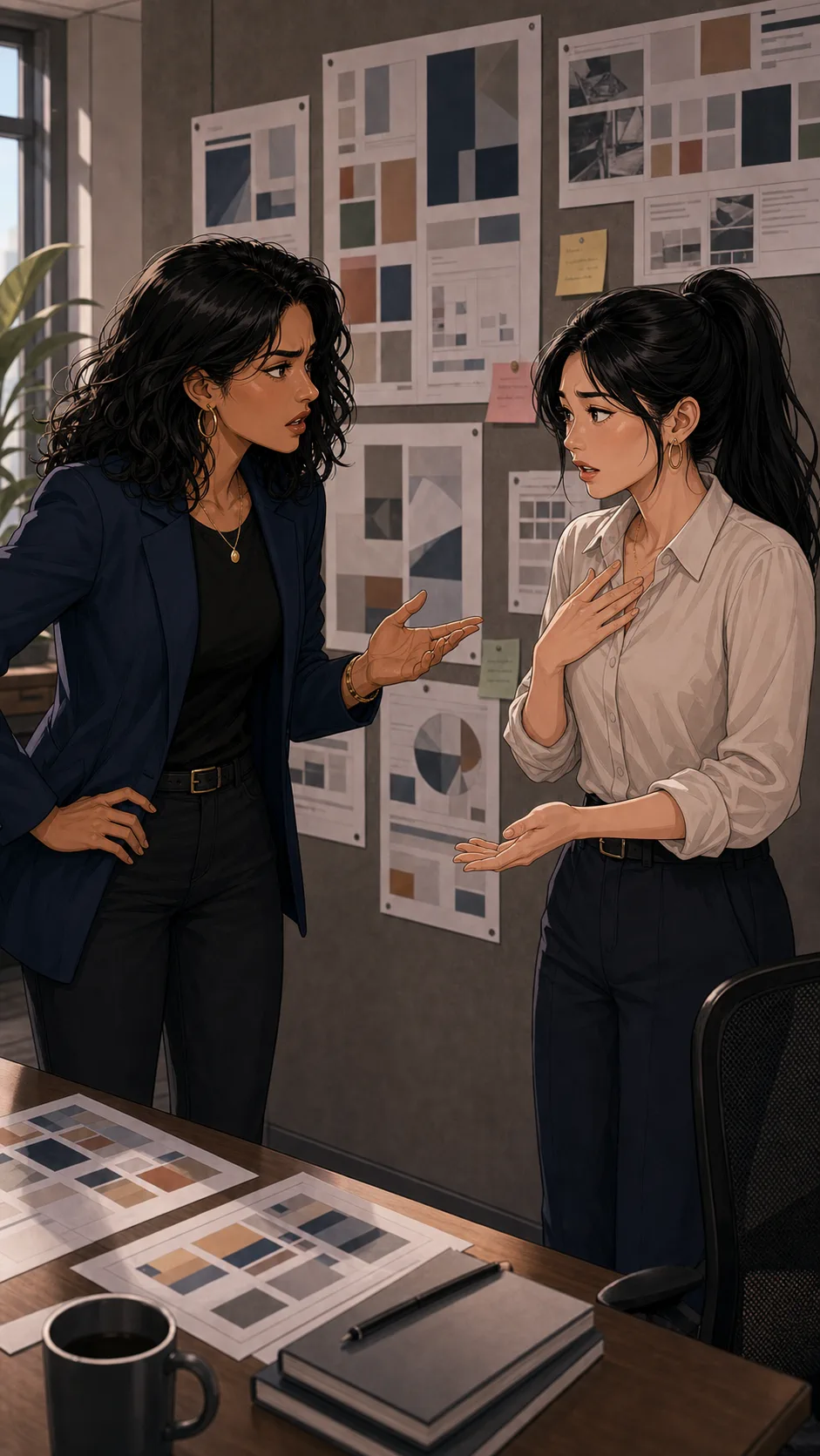 Samira confronts Elise beside design boards.