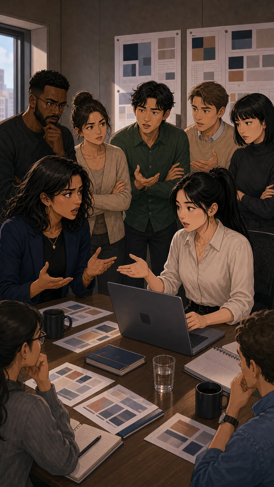 The team splits around a conference table over the early client share.