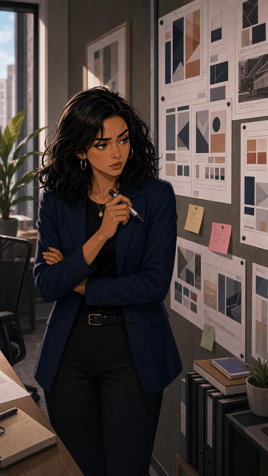 Samira stands at the design board deciding how to reset the client direction.
