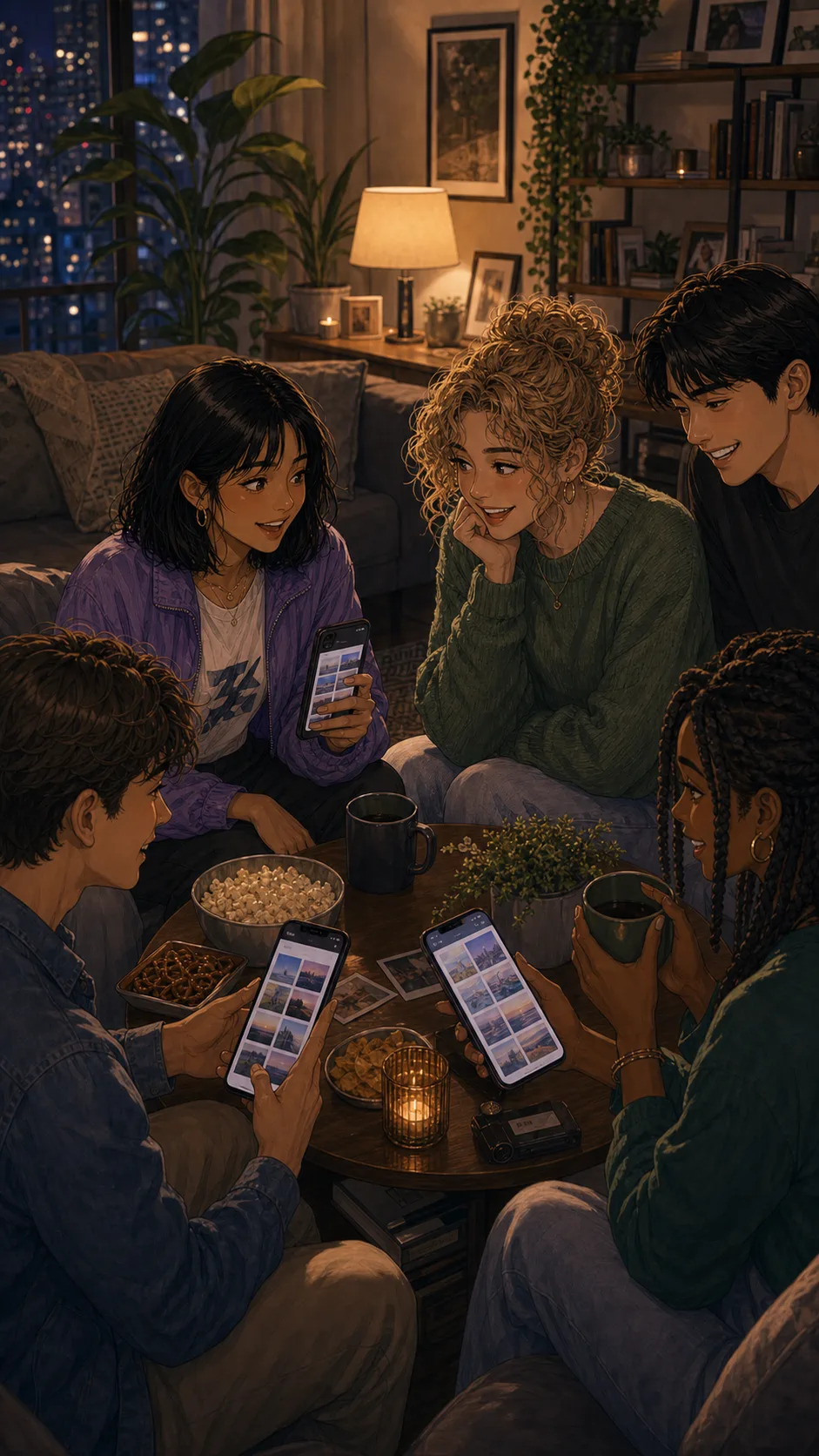 Maya sits with friends around a coffee table after a trip.