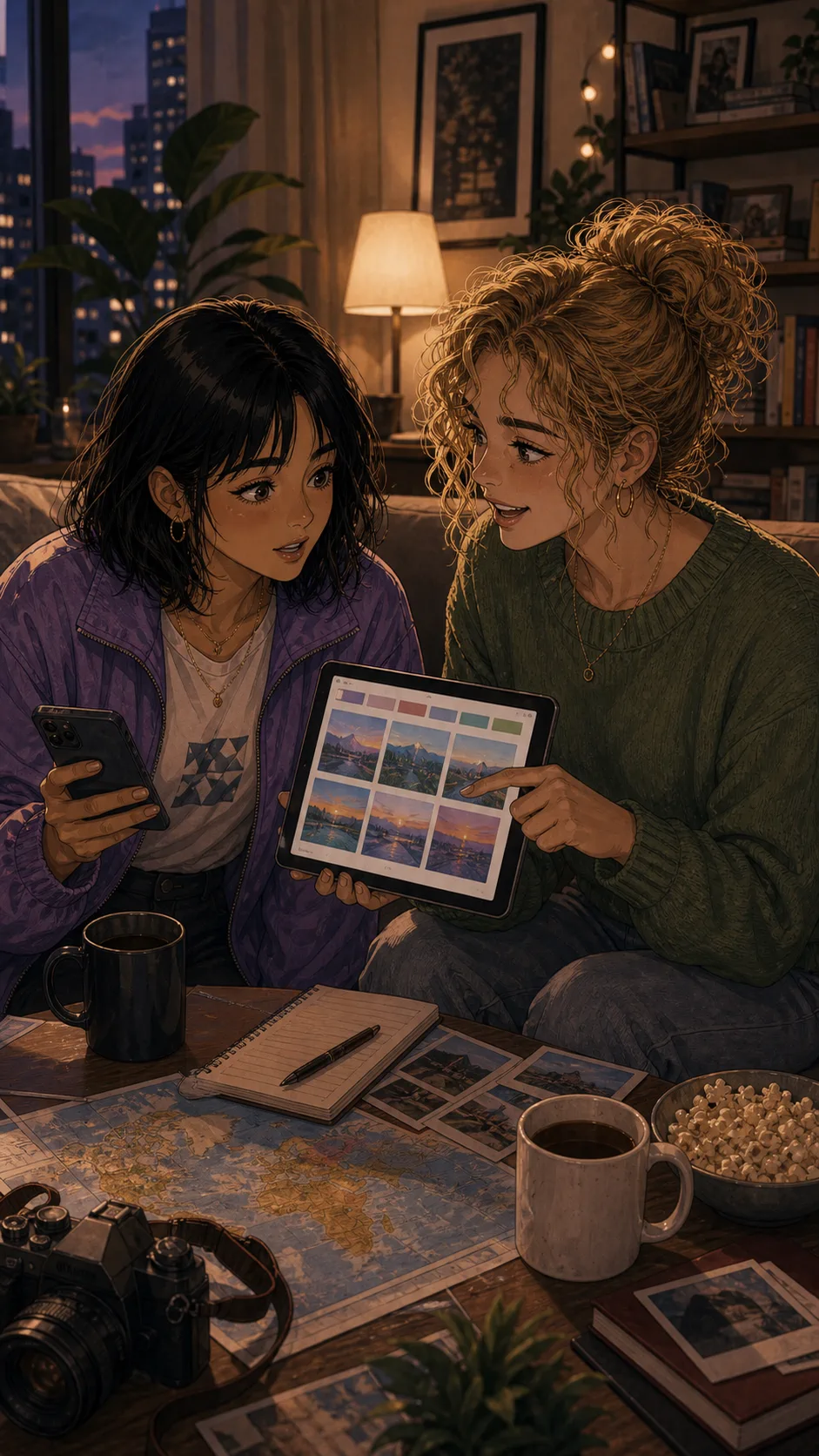 Lila shows Maya a shared album invite on a tablet.